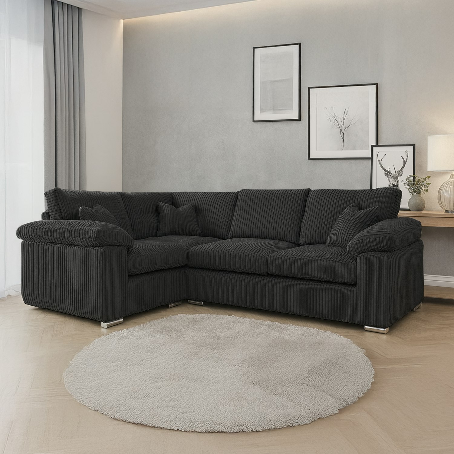 Furnishings For Less Black Delta Full Jumbo Cord 4 Seater Corner Sofa - Left Hand Facing