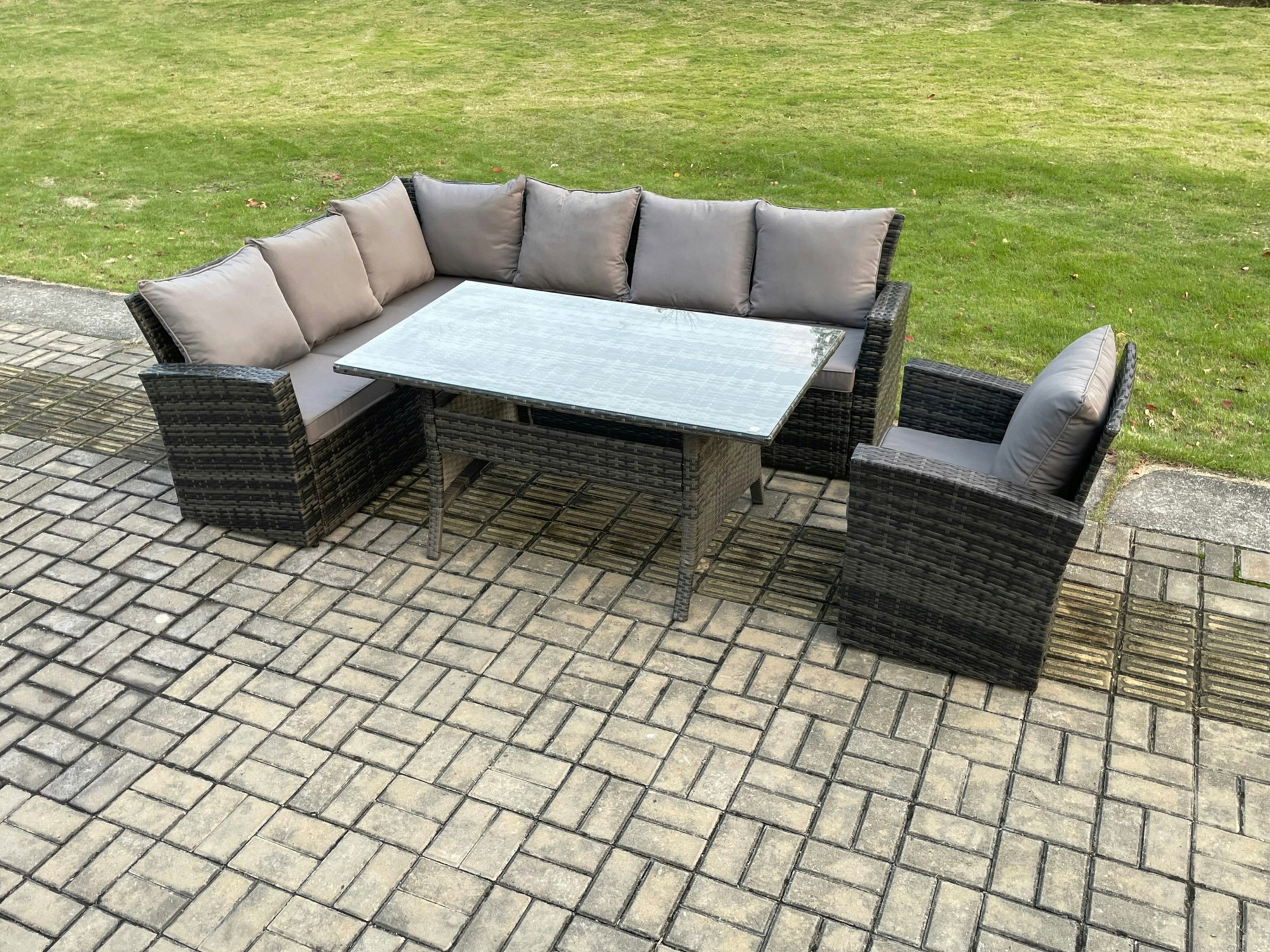 Fimous Dark/Grey 7 Seater Garden Rattan Furniture Corner Dining Set Indoor Outdoor Lounge Sofa Set Mixed
