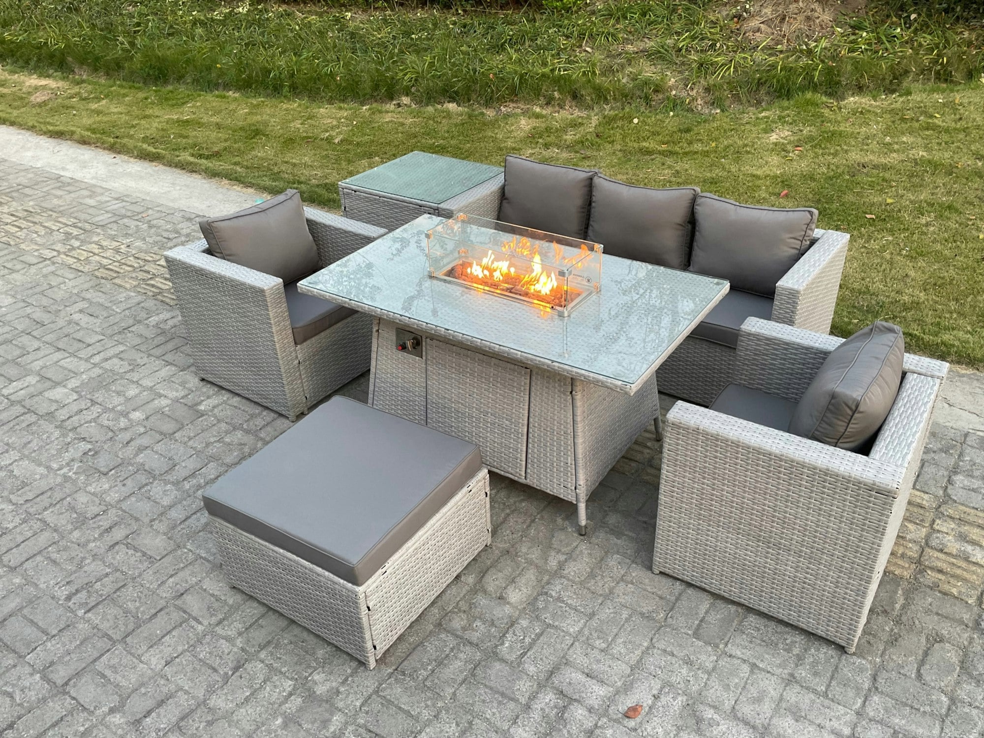 Rackhams Light/Grey/Dark Rattan Garden Furniture Set Gas Fire Pit Lounge Sofa Chair Dining Set With Side Table And 2 Pc Arm Chair Footstool