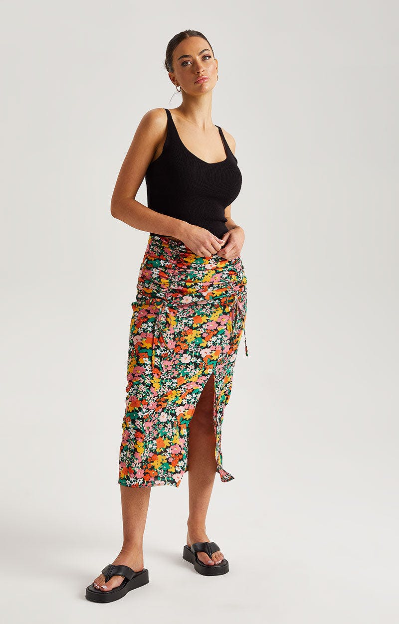 Urban Bliss Floral Ruched Midi Skirt - 10