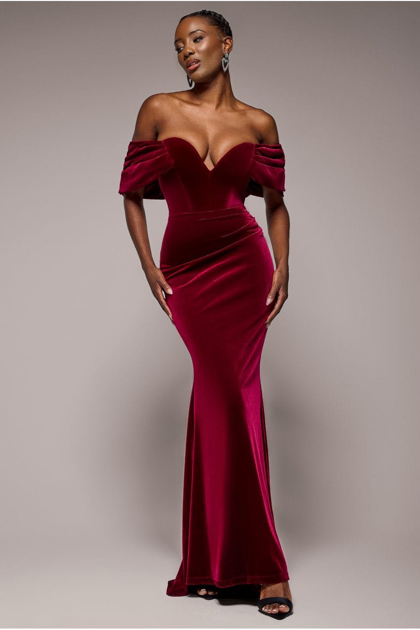 Goddiva Burgundy Off The Shoulder Deep Plunge Velvet Maxi Dress - By - 12