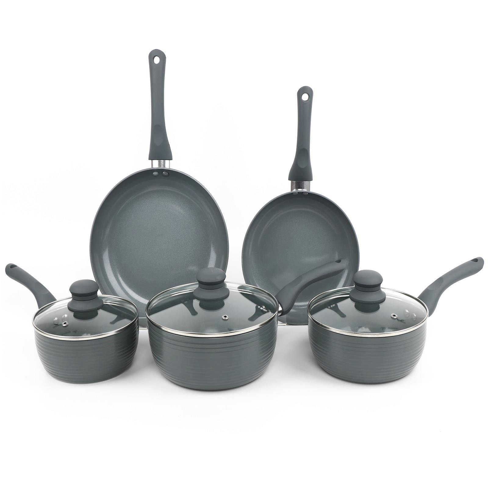 Rackhams Grey 8 Piece Ribbed Cookware Set Non Stick Induction Pans Saucepans Cooking Pots