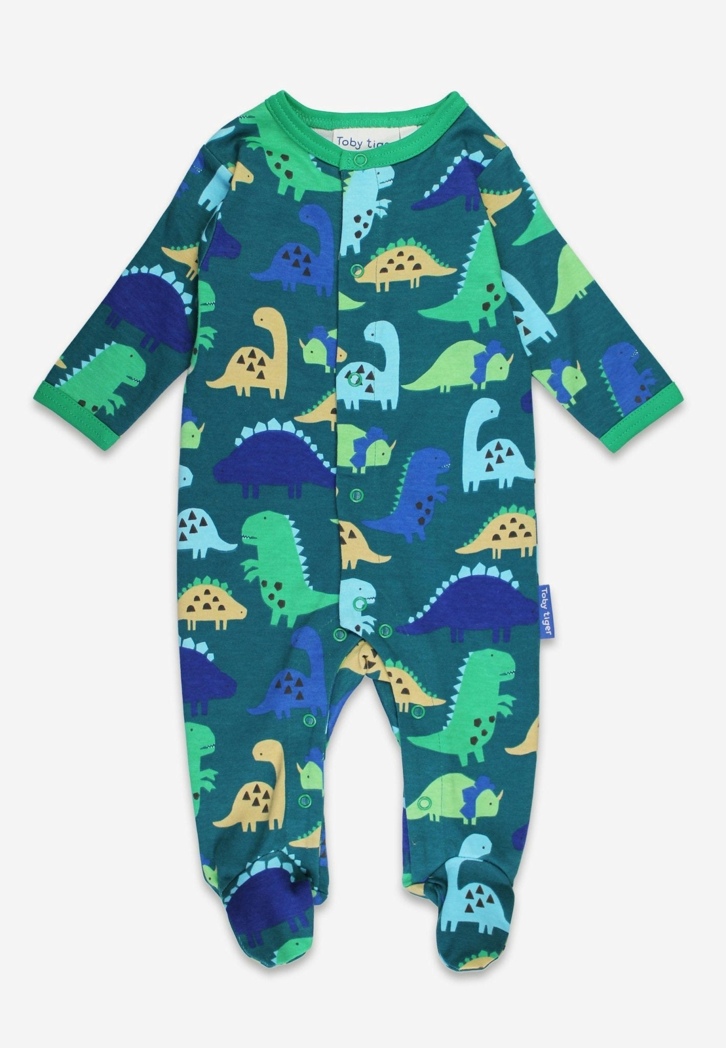 Toby Tiger Green/Grey Organic Tonal Dinosaur Print Sleepsuit - 3-6M / 68Cm