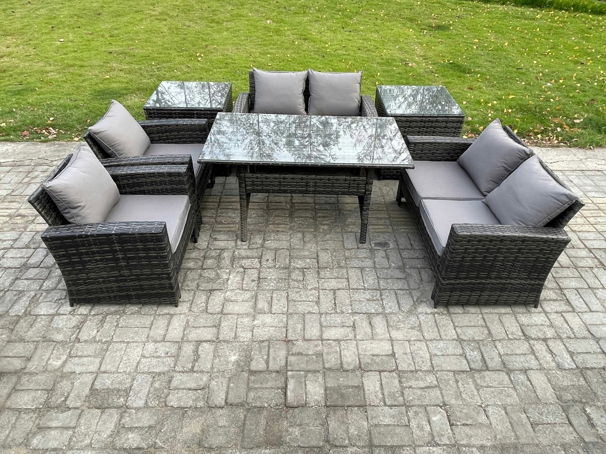 Rackhams Dark/Grey Rattan Garden Furniture Set Patio Outdoor Lounge Sofa Set With Oblong Dining Table Double Seat Sofa 2 Side Tables Mixed