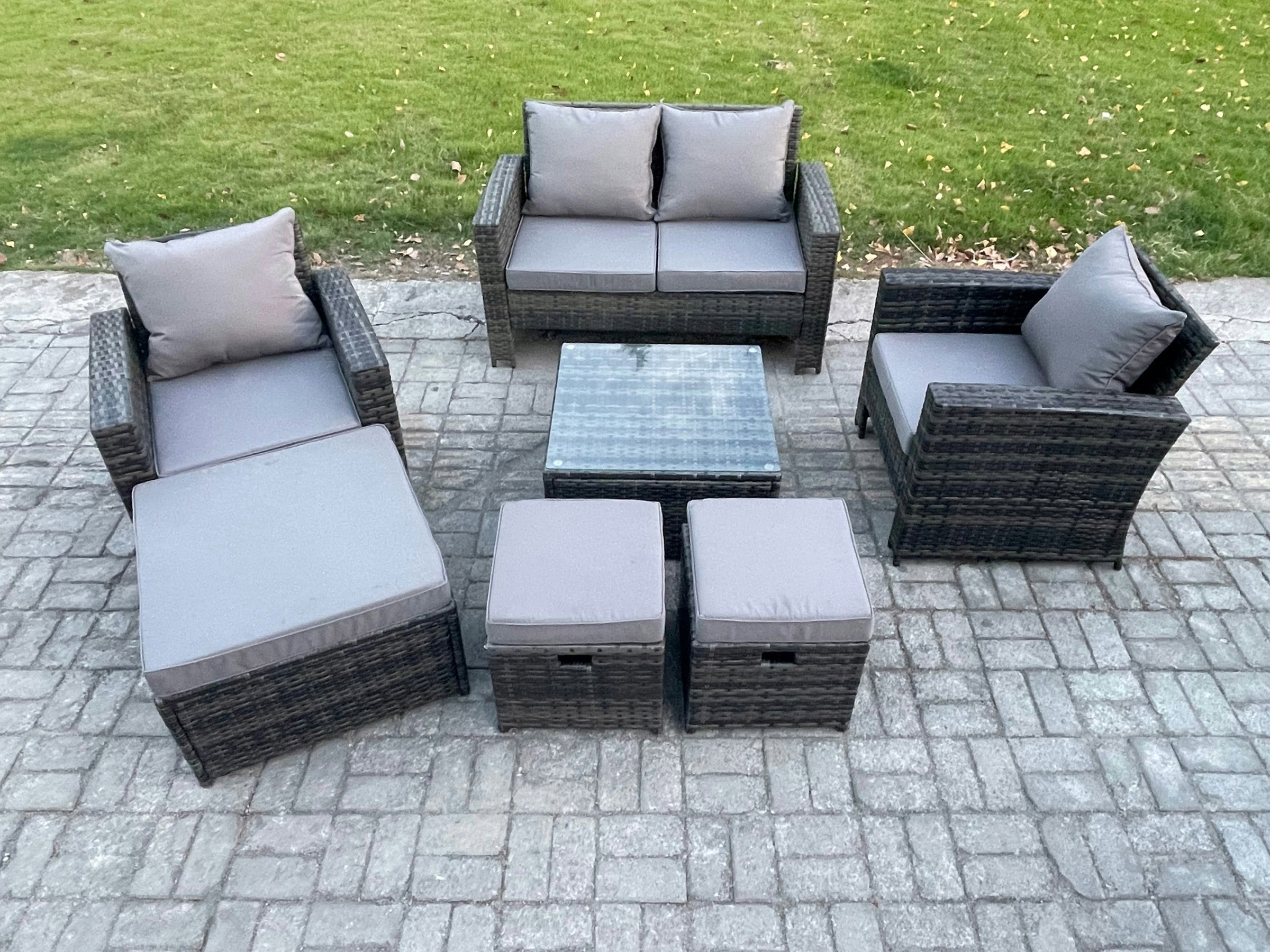 Rackhams Dark/Grey Rattan Wicker Garden Furniture Patio Conservatory Sofa Set With Square Coffee Table Armchair 2 Seater Sofa 3 Footstools