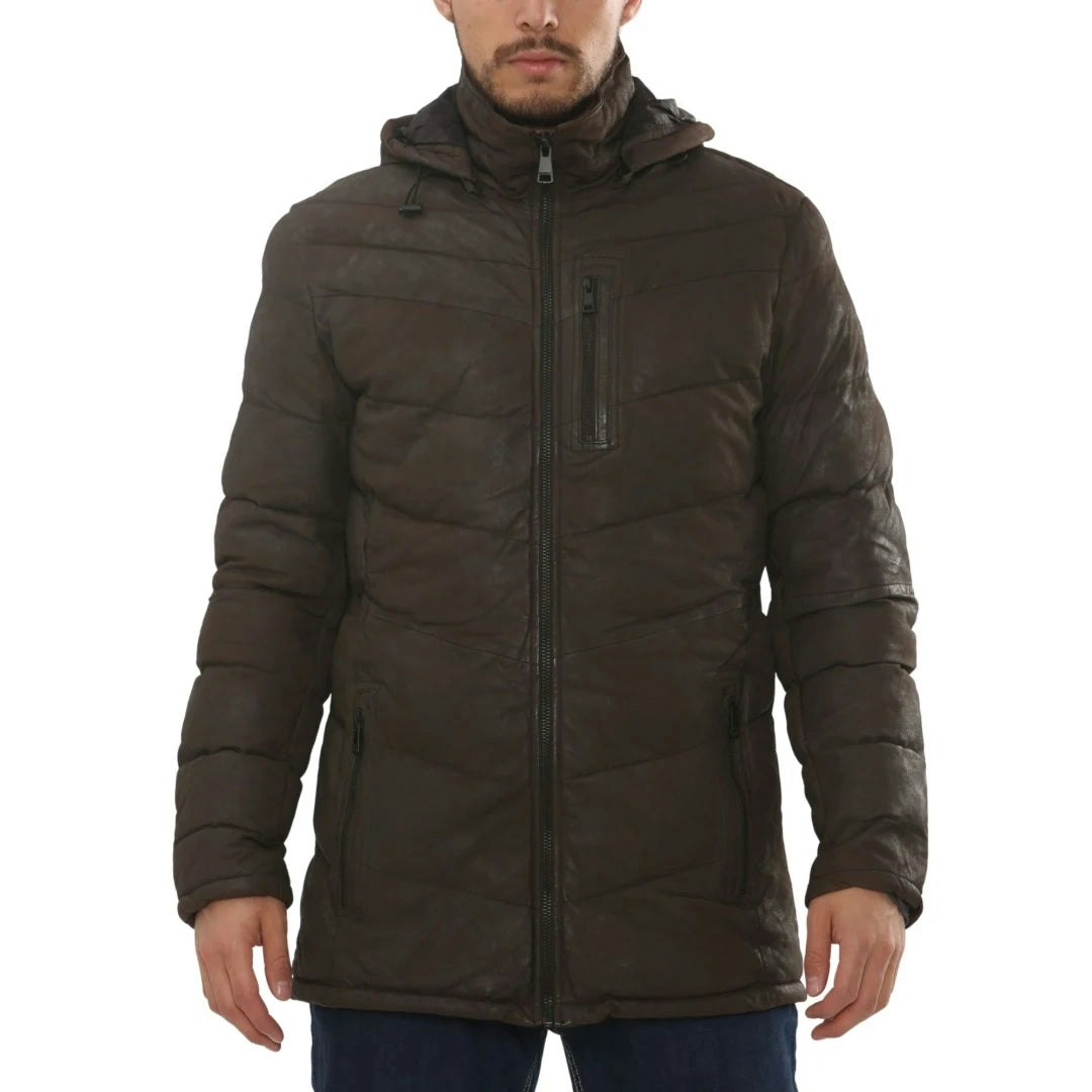 Infinity Leather Men's Brown Leather Company Leather Puffer Jacket Hooded Quilted Winter Coat - 4XL