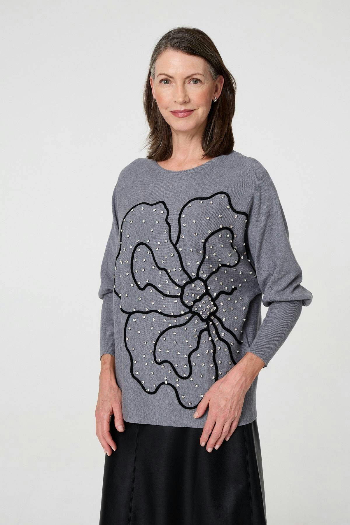 Izabel London Grey Sparkle Floral Trim Batwing Sleeve Top - 12