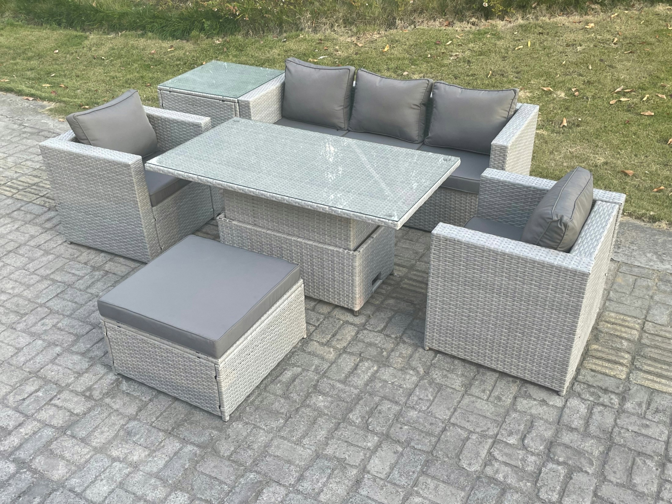 Rackhams Light/Grey/Dark Rattan Garden Funiture Set Adjustable Rising Lifting Table Sofa Dining Set With 2 Arm Chair Side Table Big Footstool
