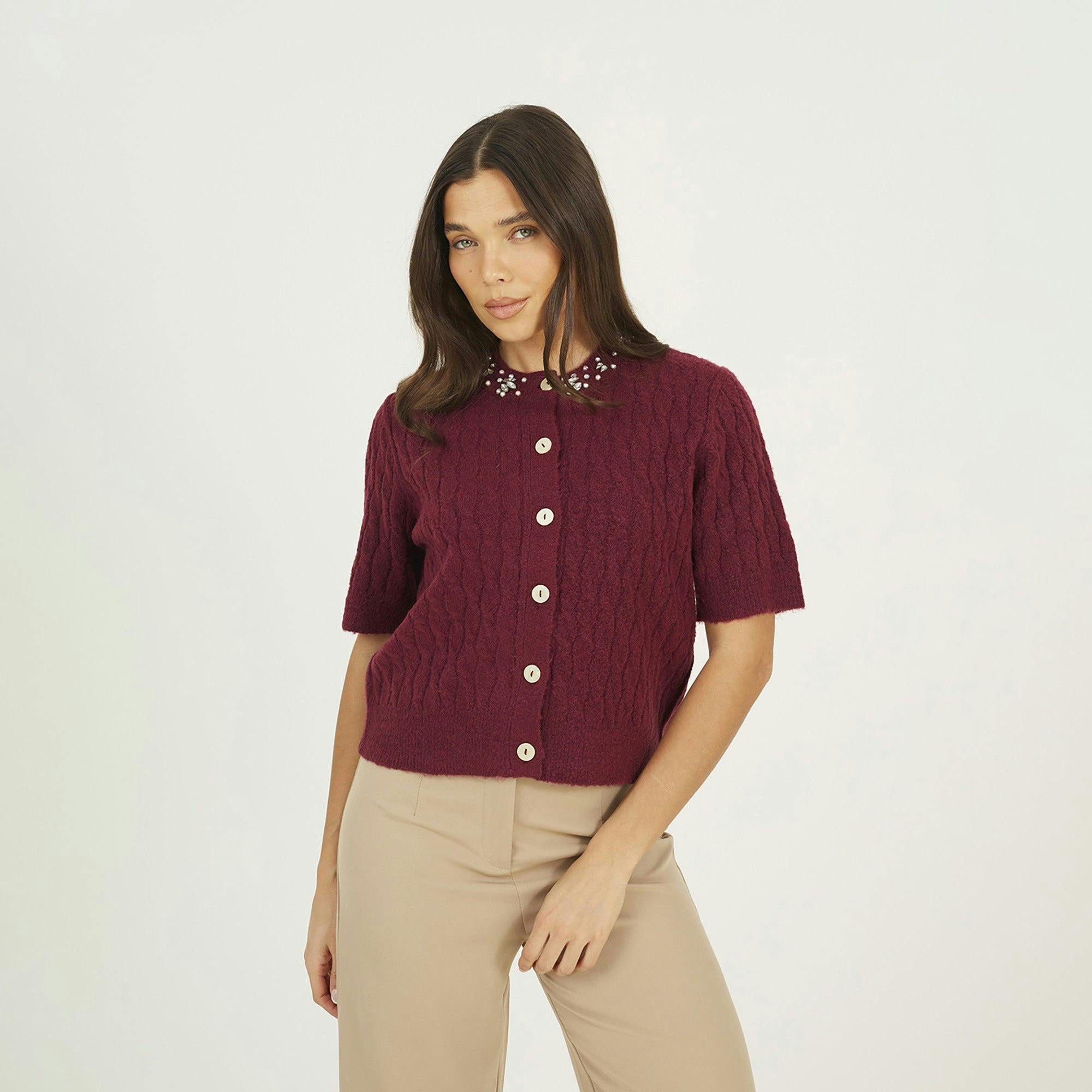 Brave Soul Burgundy Embellished Crew Neck Cable Knit Cardigan - L
