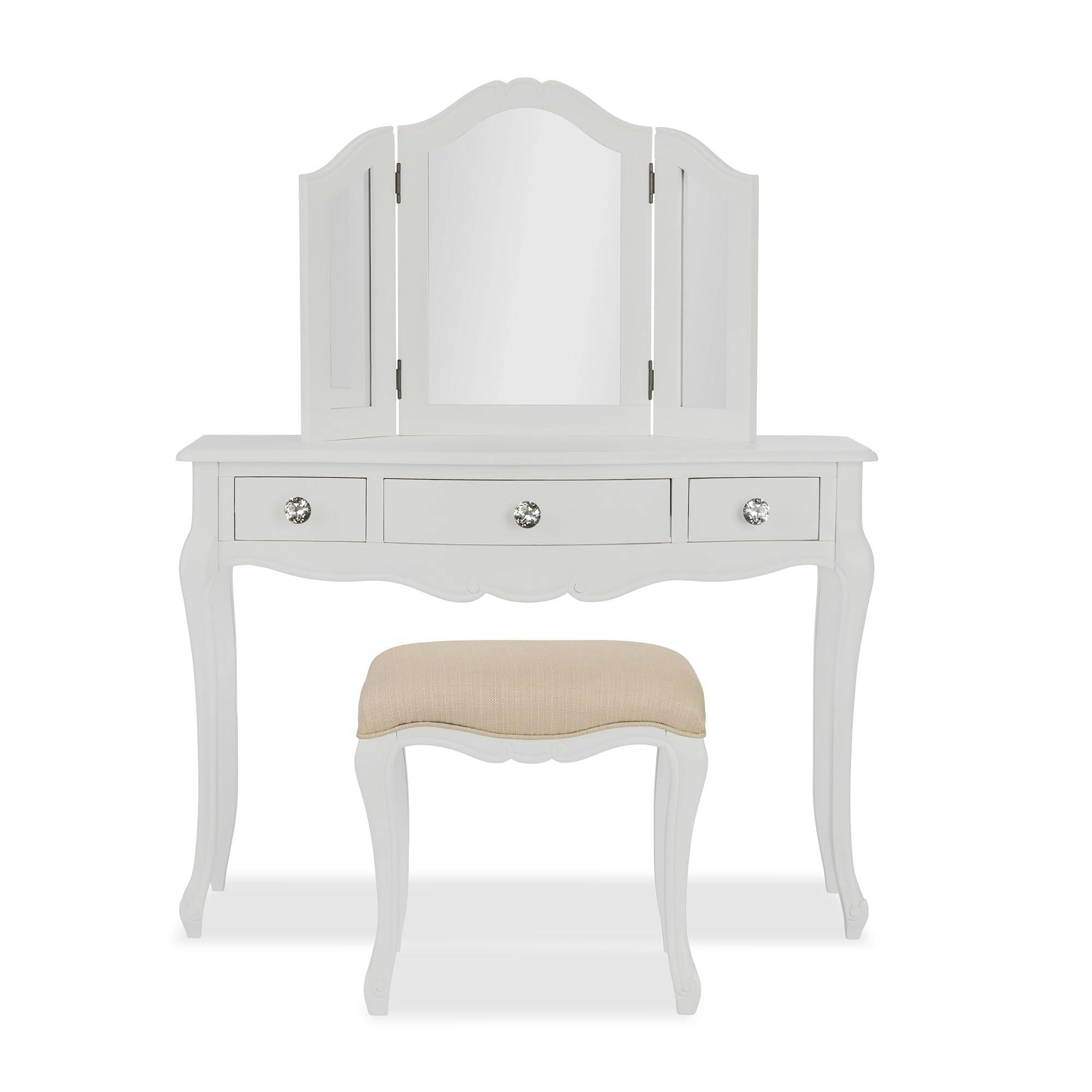 Rackhams White Juliette Dressing Table Set With Crystal Handles. French Table, Mirror And Stool