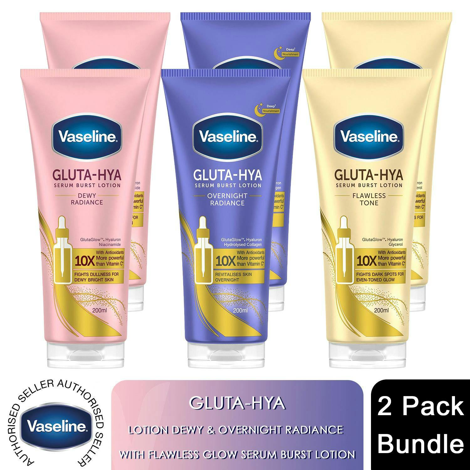 Vaseline Gluta-Hya Lotion Bundle Dewy, Overnight & Flawless Glow 200ml 2 Pack Each in White - Image 6
