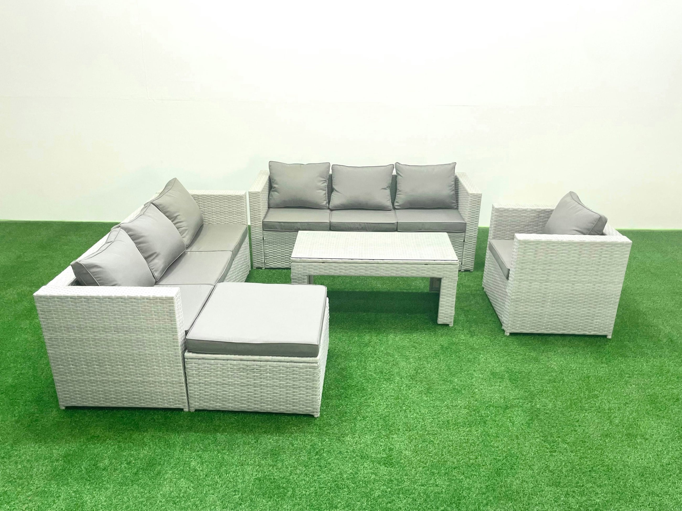 Rackhams Light/Grey Wicker Pe Rattan Sofa Garden Furniture Set With Oblong Coffee Table Armchair Big Footstool Mixed