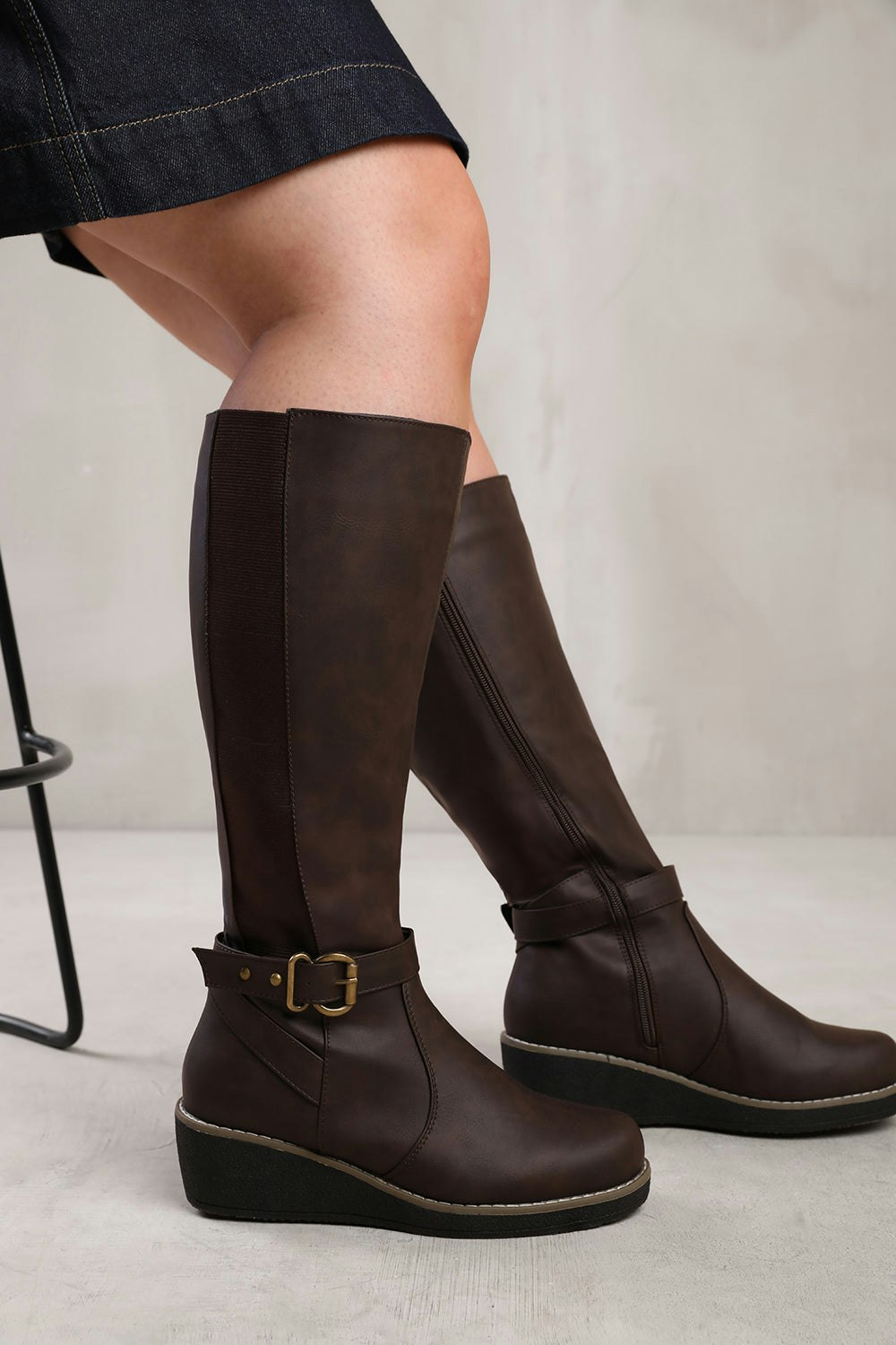 Where's That From Brown Ayleen Wide Calf Wedge Heel Knee High Boots With Elastic Panel In Wide E Fit In Faux Leather - 4E