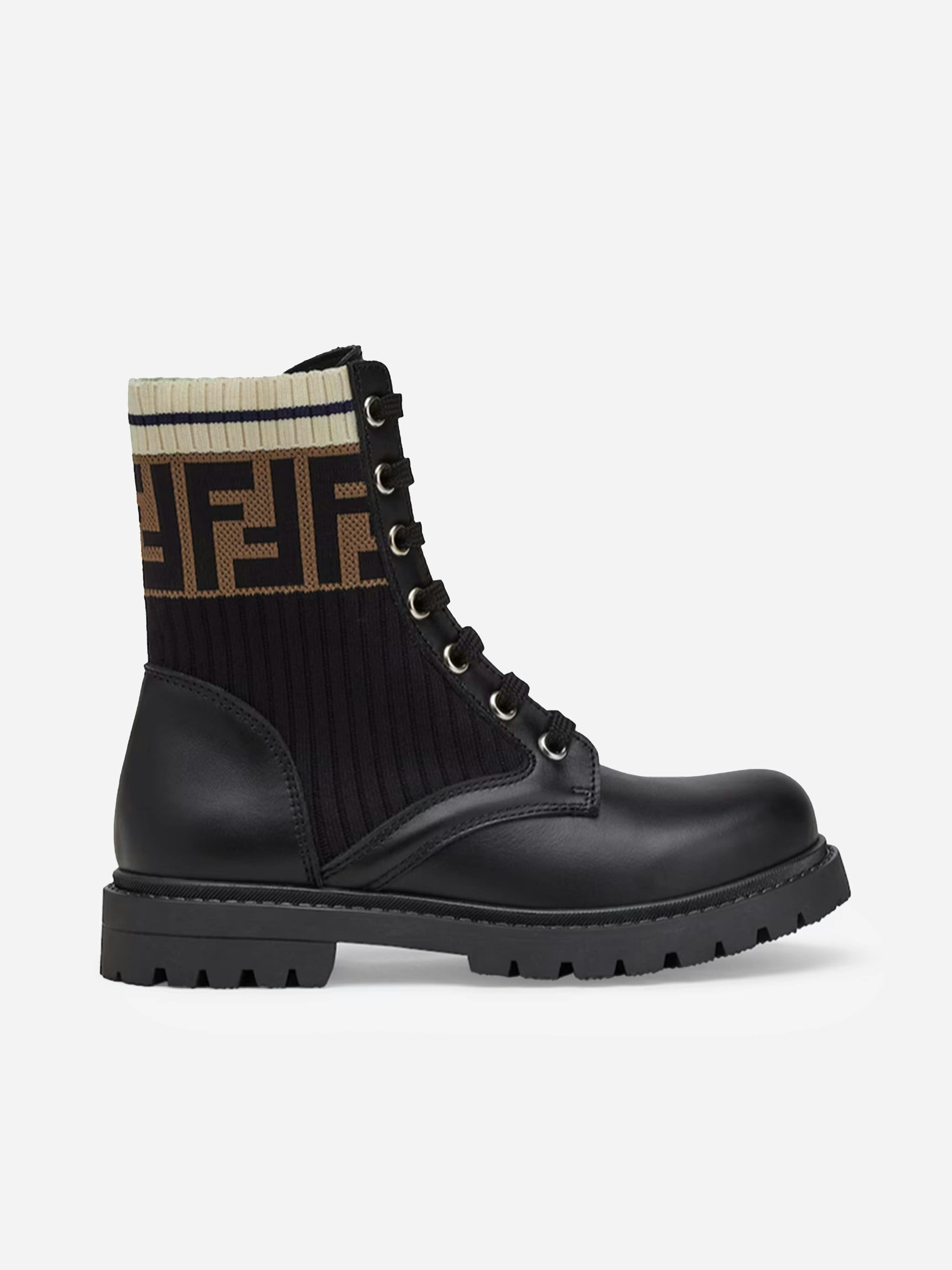 Fendi Kids Unisex Kids Black/Brown Leather Ff Logo Biker Boots In - Eu 33