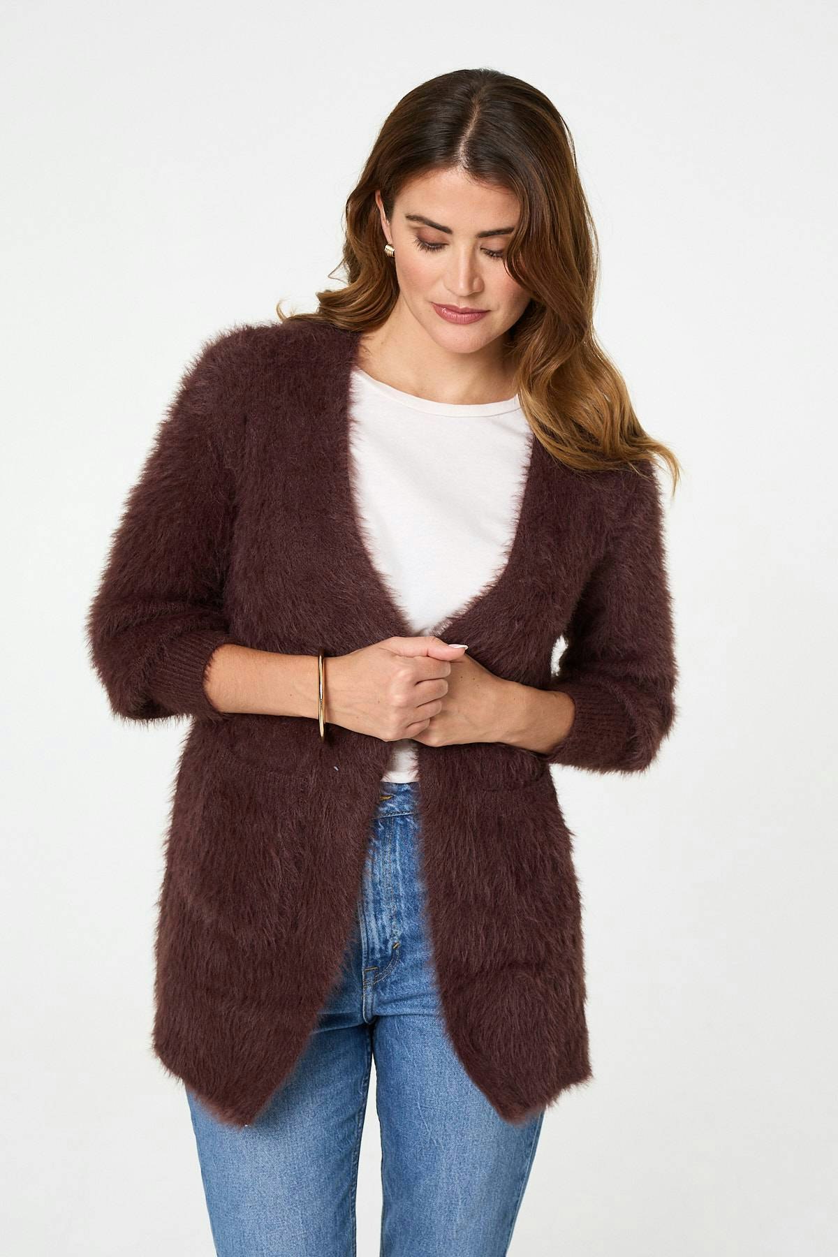 Izabel London Brown Soft Textured Longline Open Cardigan - 8/10