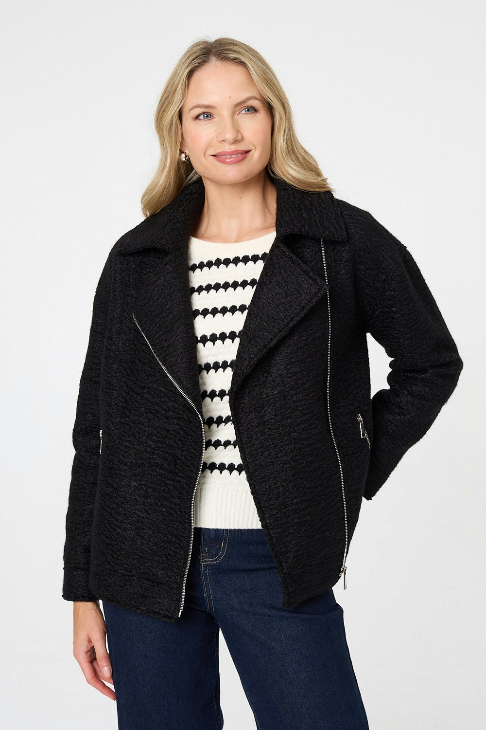 Izabel London Black Textured Asymmetric Biker Jacket - 10