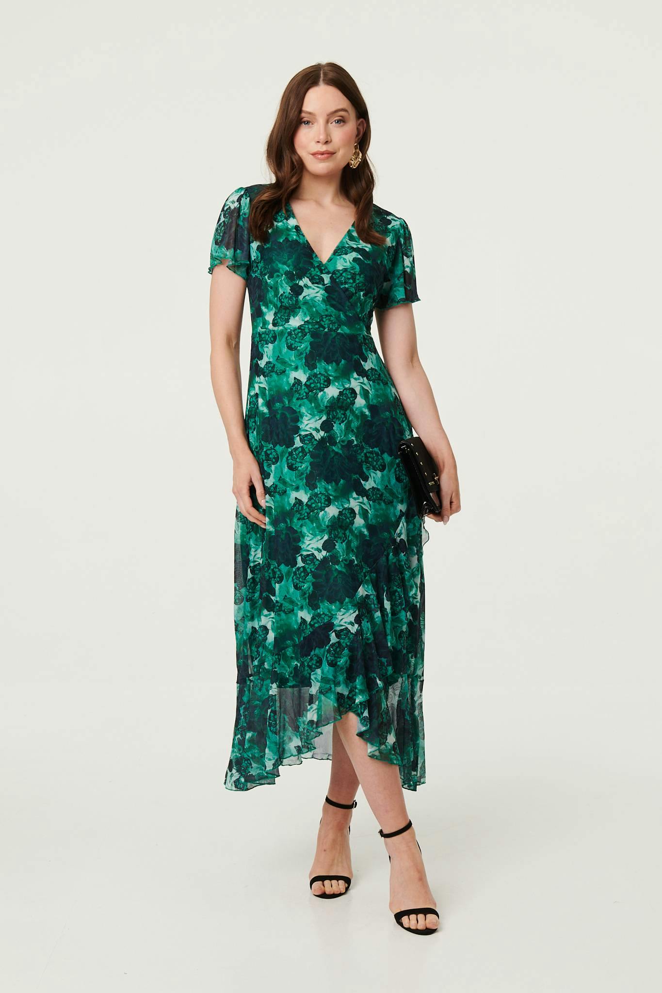 Izabel London Green Floral Semi Sheer Frilled Hem Maxi Dress - 10