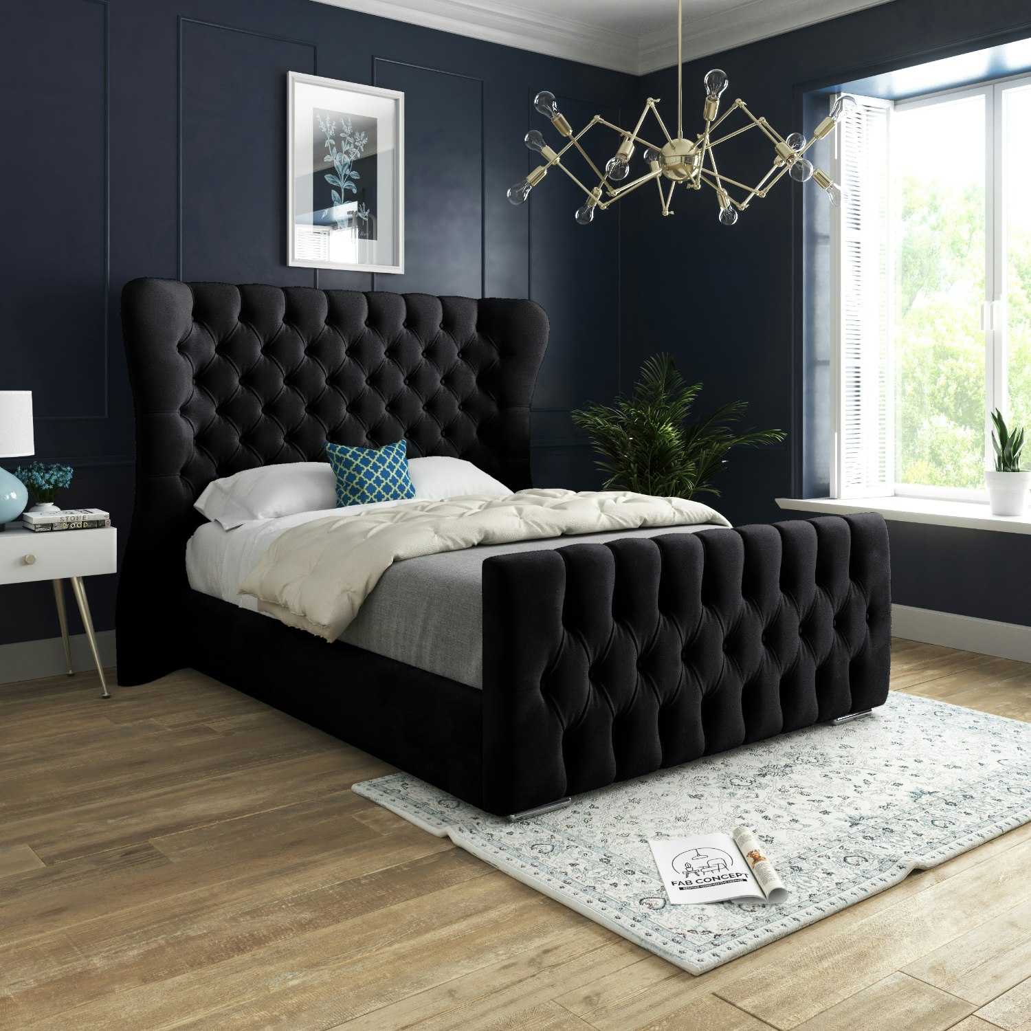 Casa Magna Black Parma Wide Curved Winged Upholstered Soft Velvet Bed Frame - Single