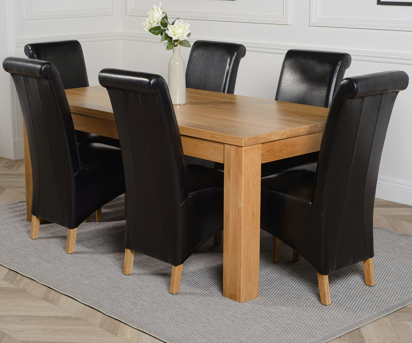 That's Furniture Black Dakota Large Oak Dining Table With Montana Leather Chairs - 6 Chairs