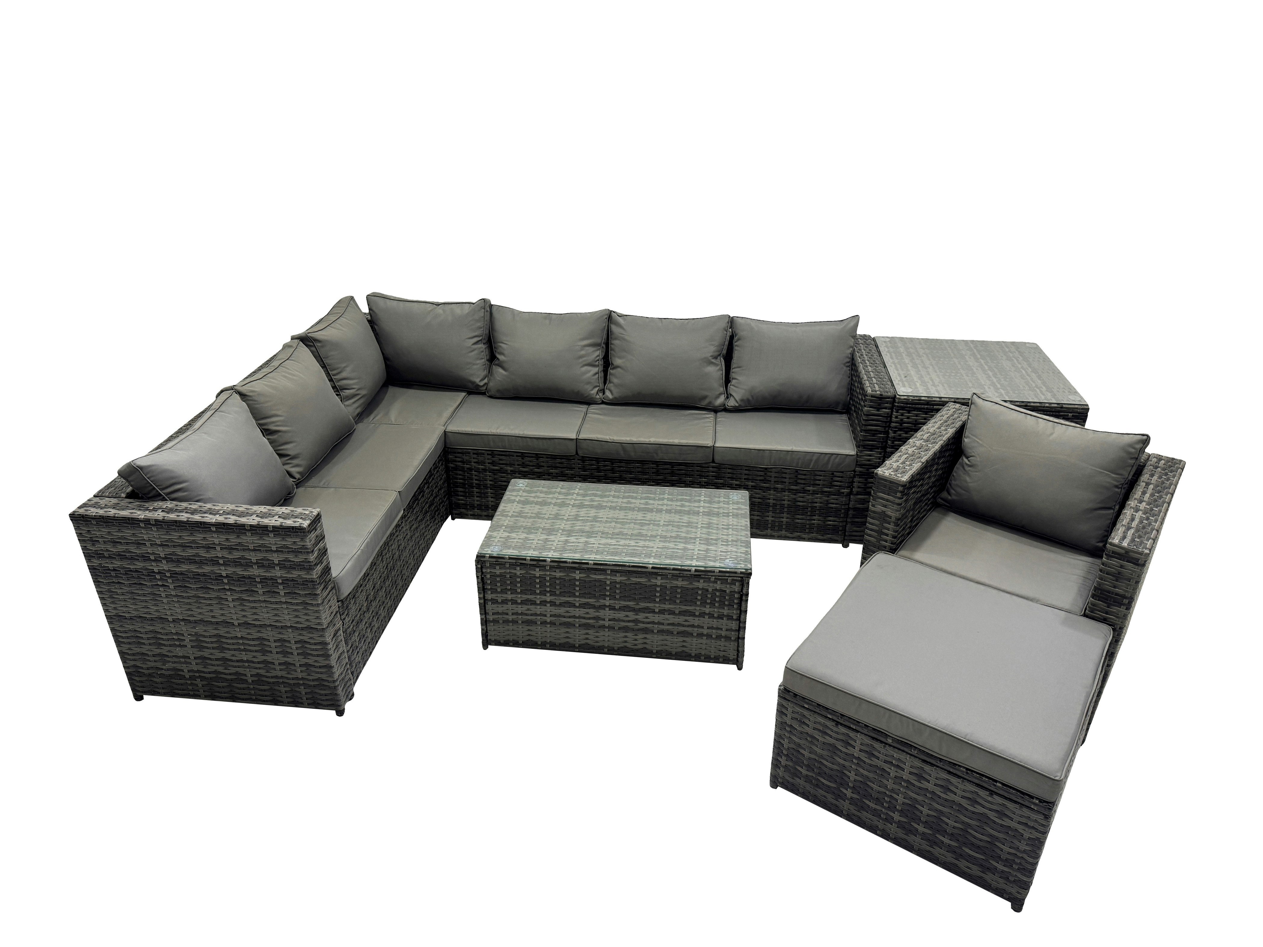 Rackhams Dark/Grey Outdoor Rattan Rectangular Coffee Table Corner Sofa Sets Garden Furniture Set With Side Table Big Stool Mixed