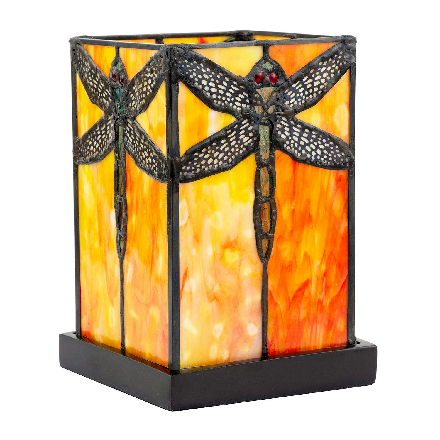 Happy Homewares Orange/Amber Toned Tiffany Stained Glass Lamp With Dragonfly Decor
