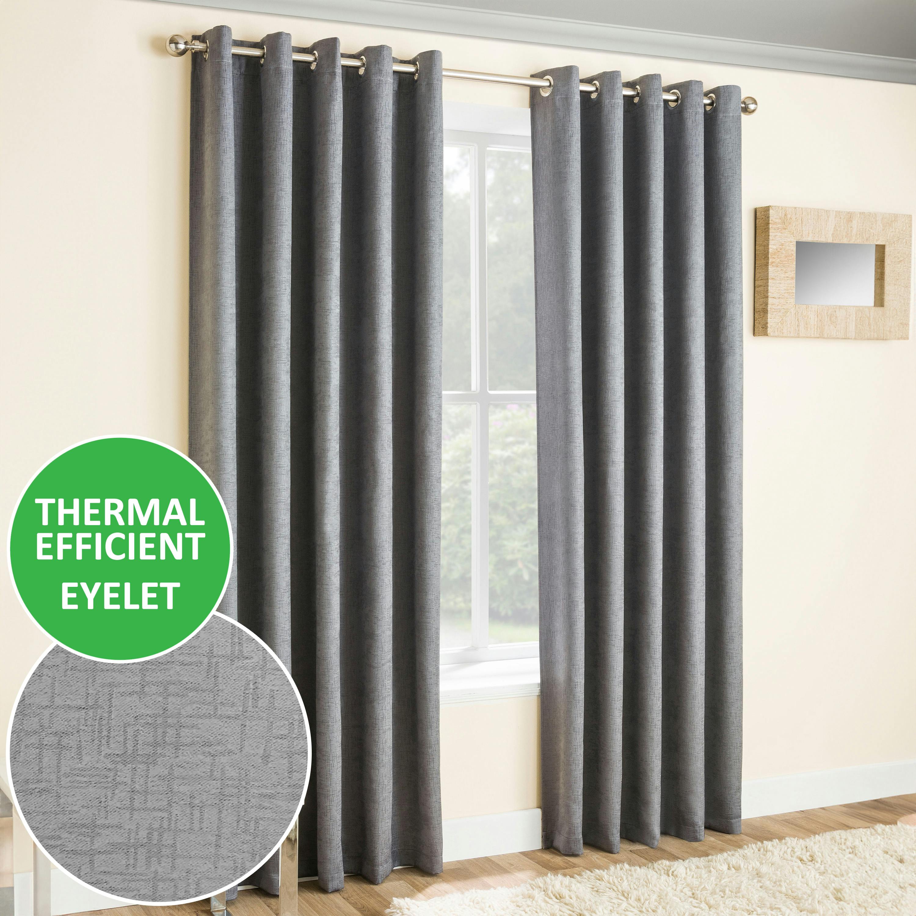Enhanced Living Grey Plain Textured Thermal Room Darkening Energy Saving Pair Of Curtains For Bedroom & Living Room - 90" (229Cm) Width X 72" (183Cm) Drop