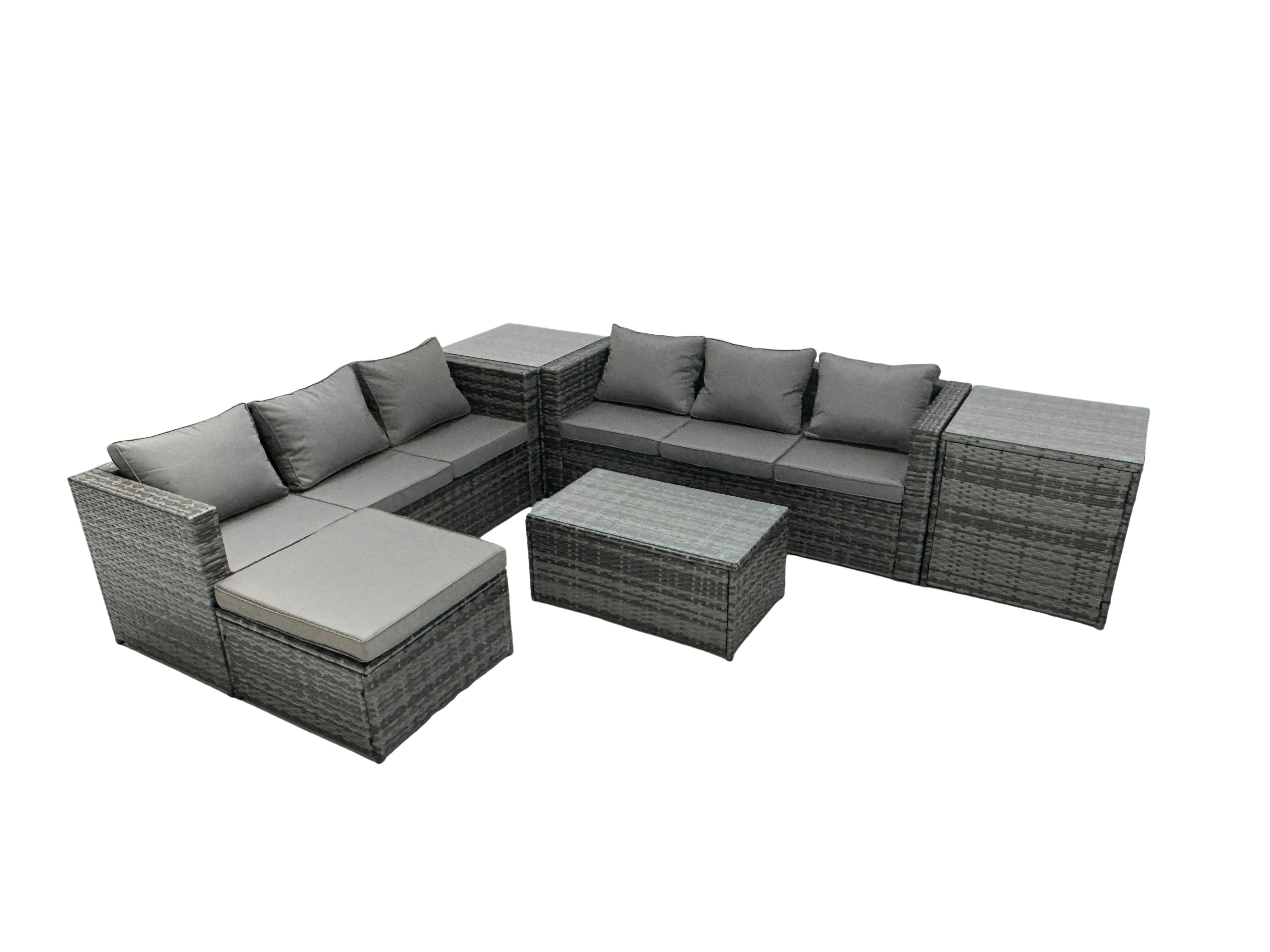 Rackhams Dark/Grey Rattan Garden Furniture Dining Set 7 Seater Patio Coffee Table Sofa Set With 2 Side Tables Big Footstool Mixed