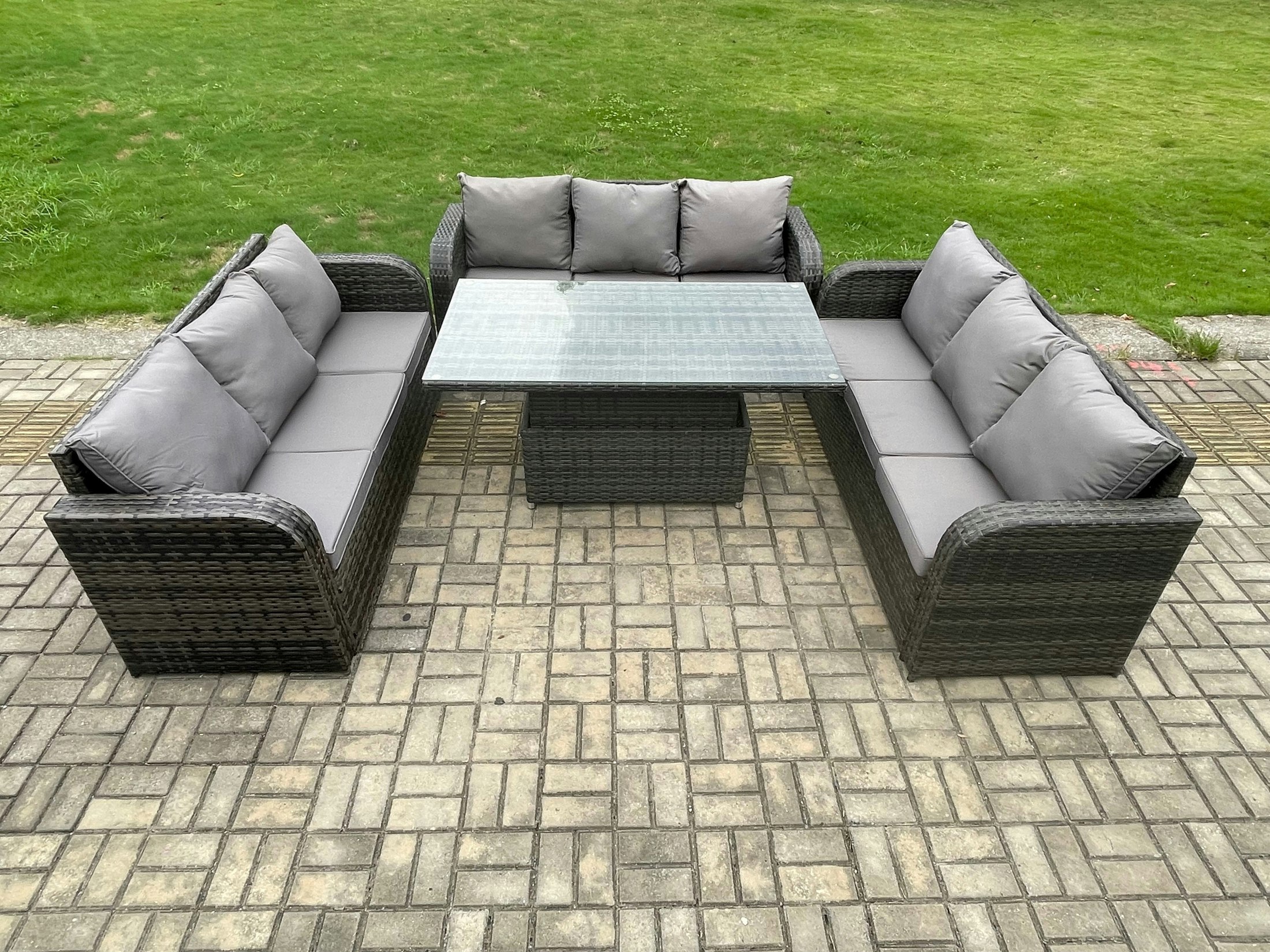 Rackhams Dark/Grey Patio Garden Dining Set Outdoor Rattan Furniture Lounge Sofa Height Adjustable Rising Lifting Table Mixed