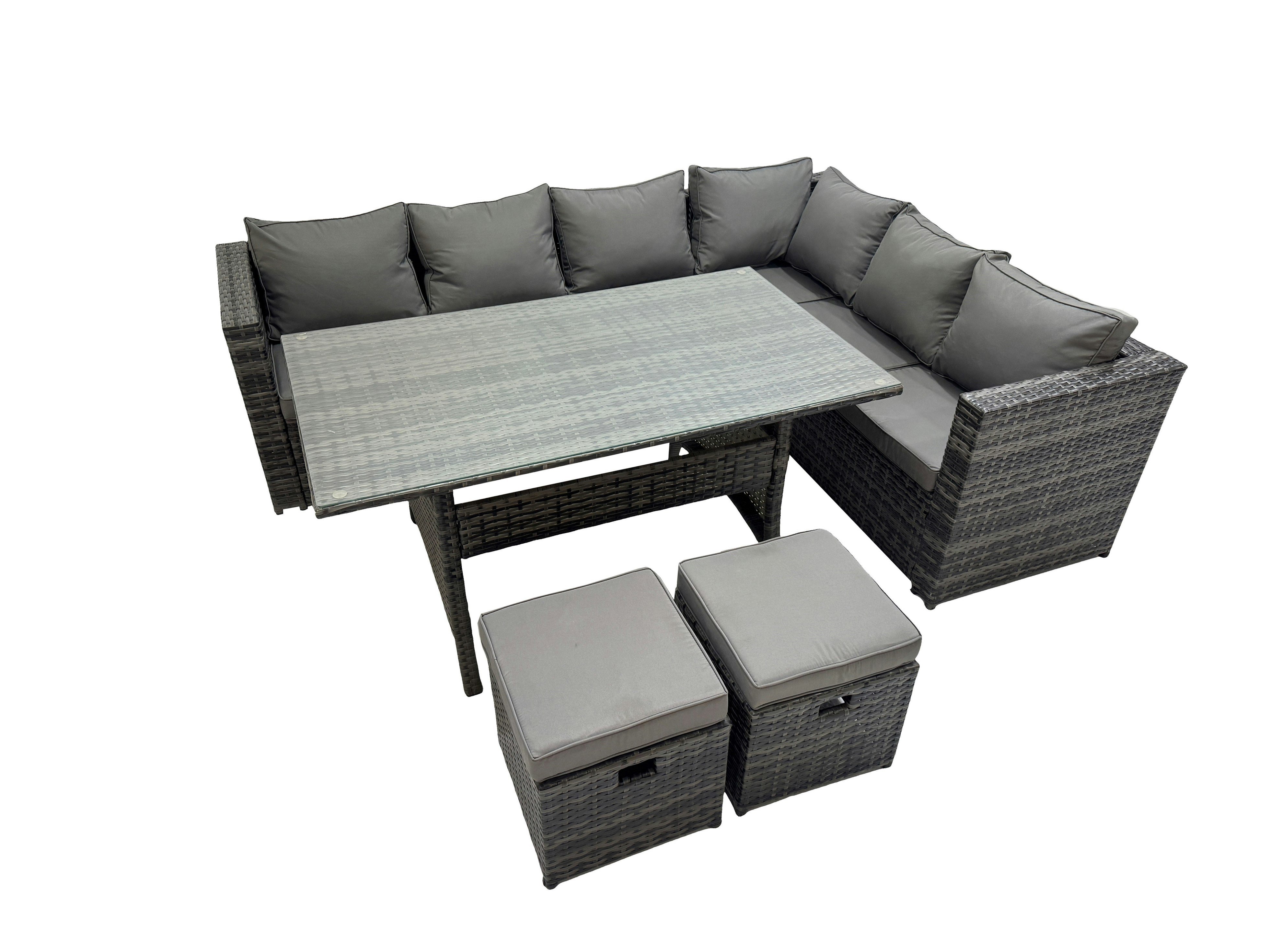 Rackhams Dark/Grey Rattan Garden Furniture Set Outdoor 8 Seater Patio Dining Corner Sofa Sets With Dining Table 2 Small Footstools Mixed