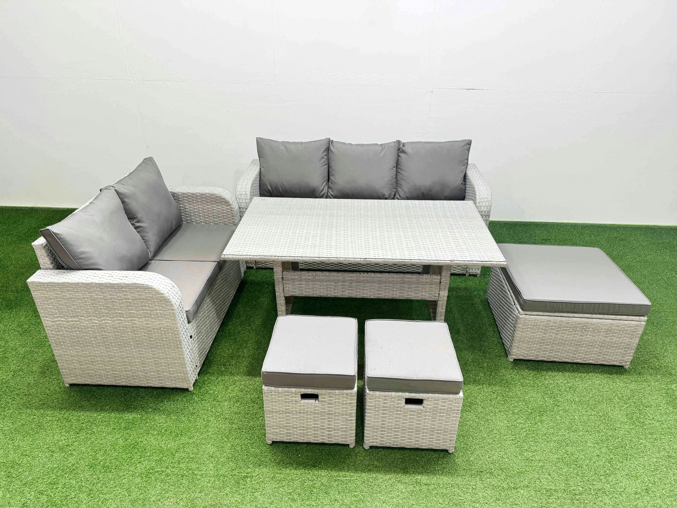 Fimous Light/Grey/Dark 8 Seater Pe Rattan Wicker Garden Furniture Patio Conservatory Sofa Set With Rectangular Dining Table 3 Seater Sofa Love Sofa 3 Stool