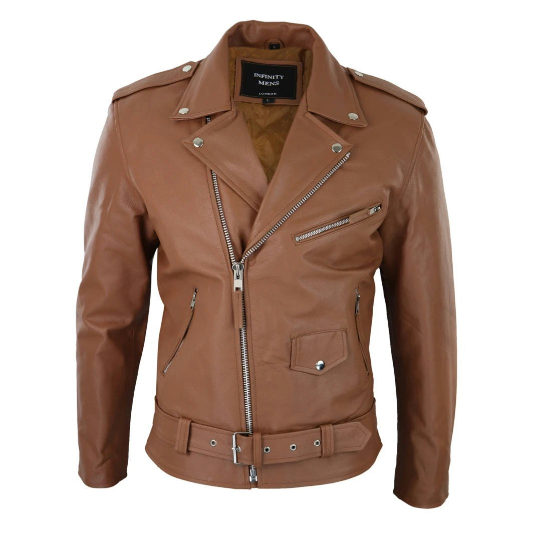 Infinity Leather Men's Brown Leather Company Cow Hide Original Cross Zip Brando Biker Motorcycle Leather Jacket Tan - 5XL
