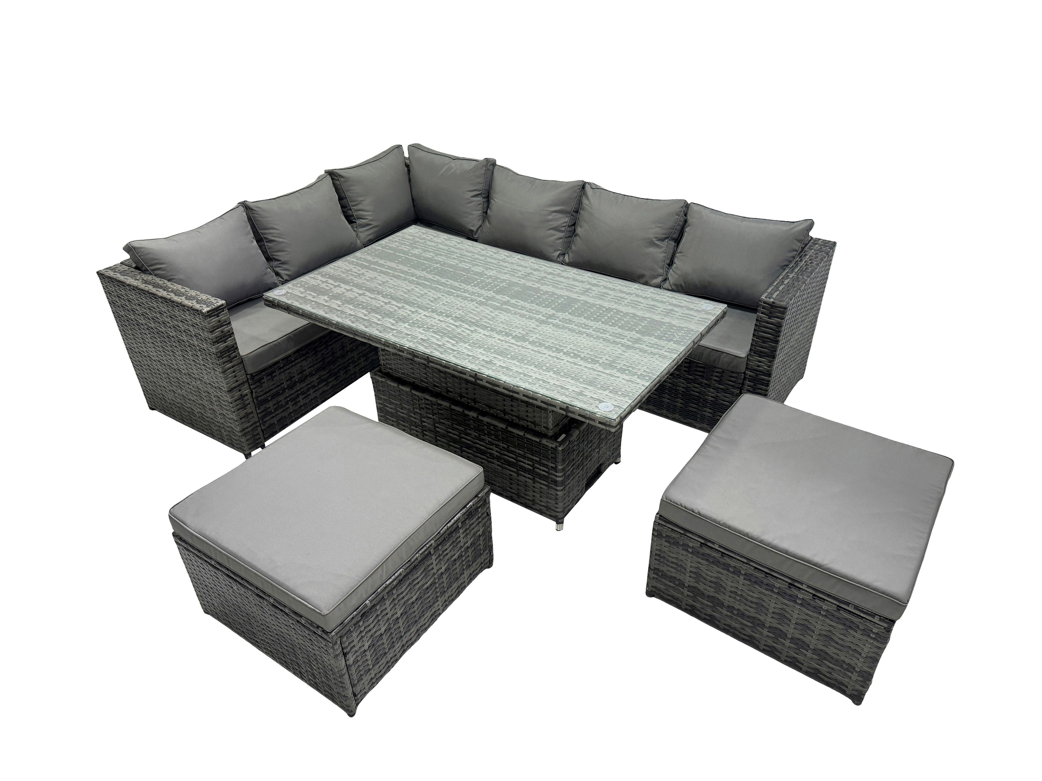 Rackhams Dark/Grey 8 Seater Height Adjustable Rising Lifting Table Corner Sofa Set Rattan Garden Furniture Dining Set With 2 Big Stool Mixed