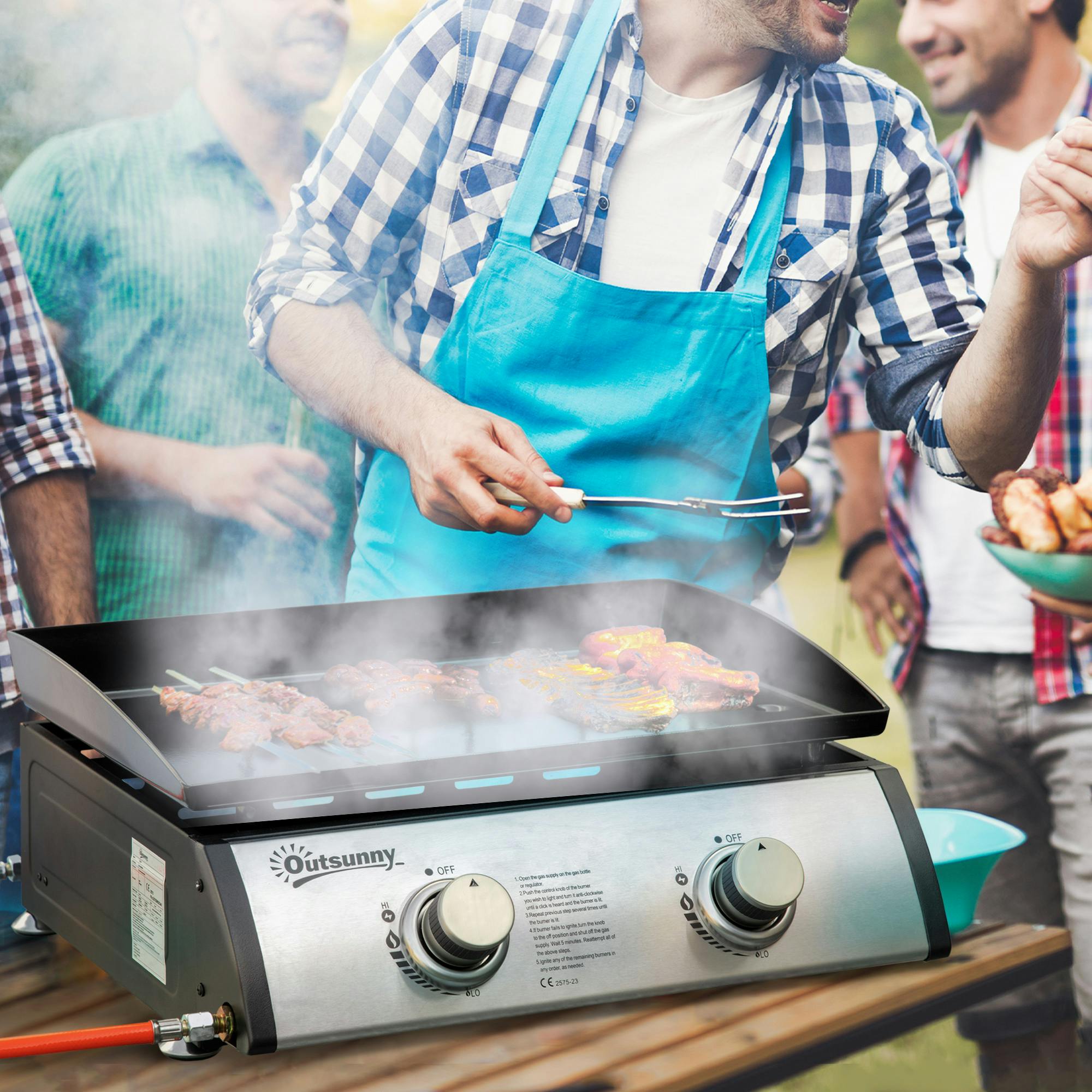 Rackhams Silver Portable Gas Plancha Bbq Grill With 2 Stainless Steel Burner, 6Kw - 48.5L X 48W X 21H Cm