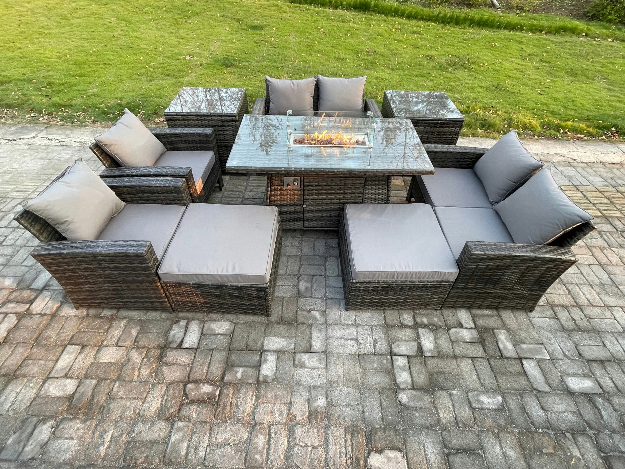 Fimous Dark/Grey 9-Piece Outdoor Rattan Gas Fire Pit Dining Set | Sofa, 2 Footstools, 2 Side Tables |