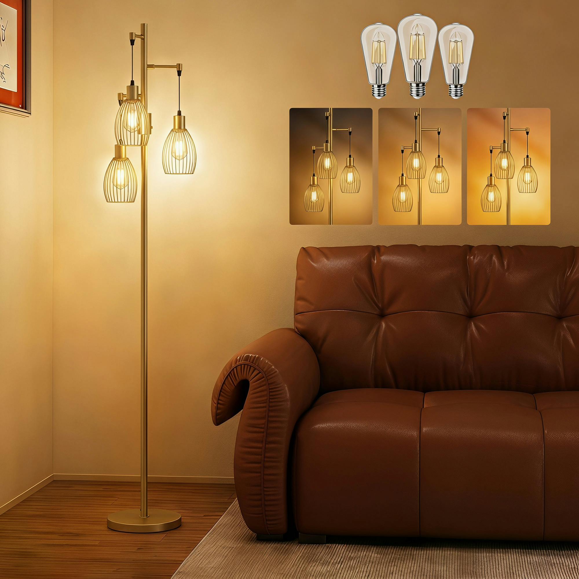 Homcom Light/Gold Industrial 3- Floor Lamp Dimmable Led Standing Lamp
