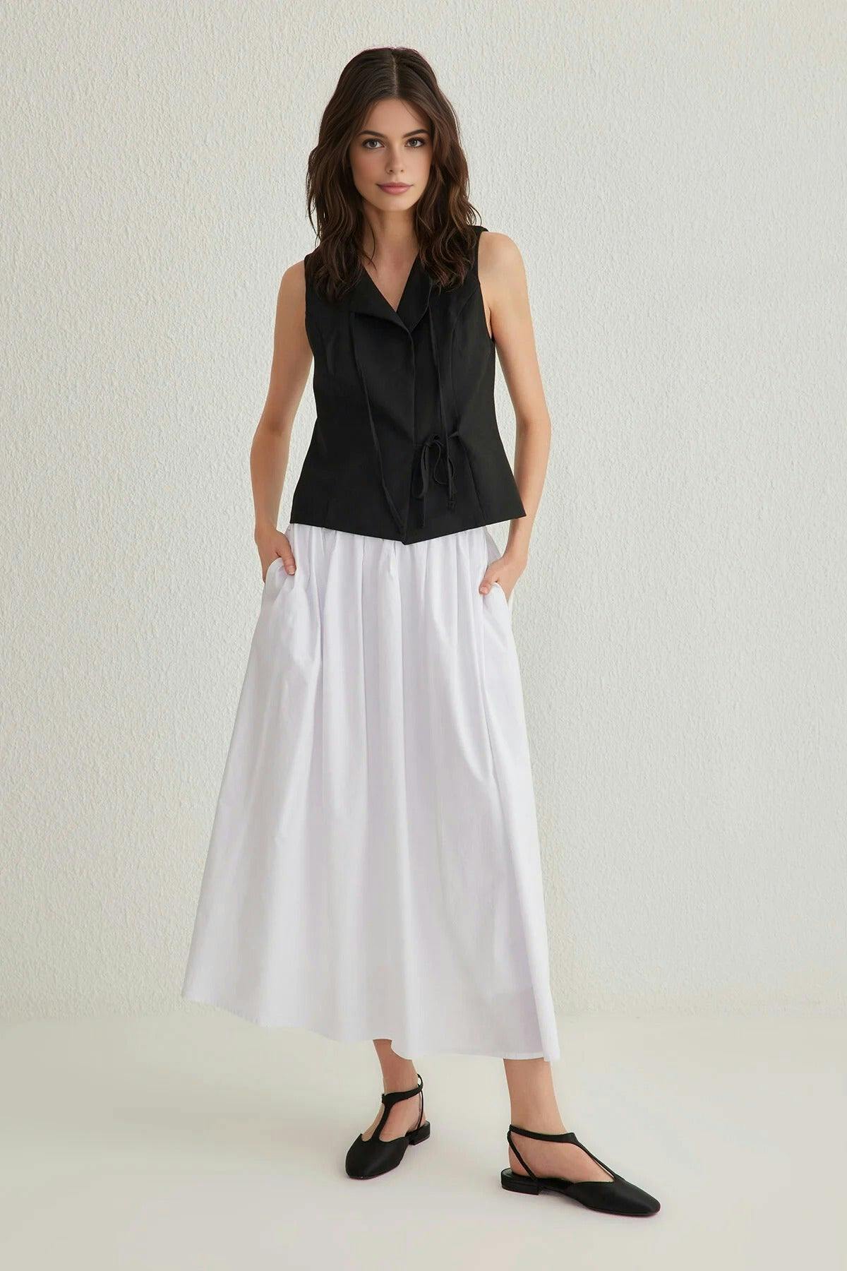 Wovcor White Flared Maxi Elastic Waist Woven Skirt - 8
