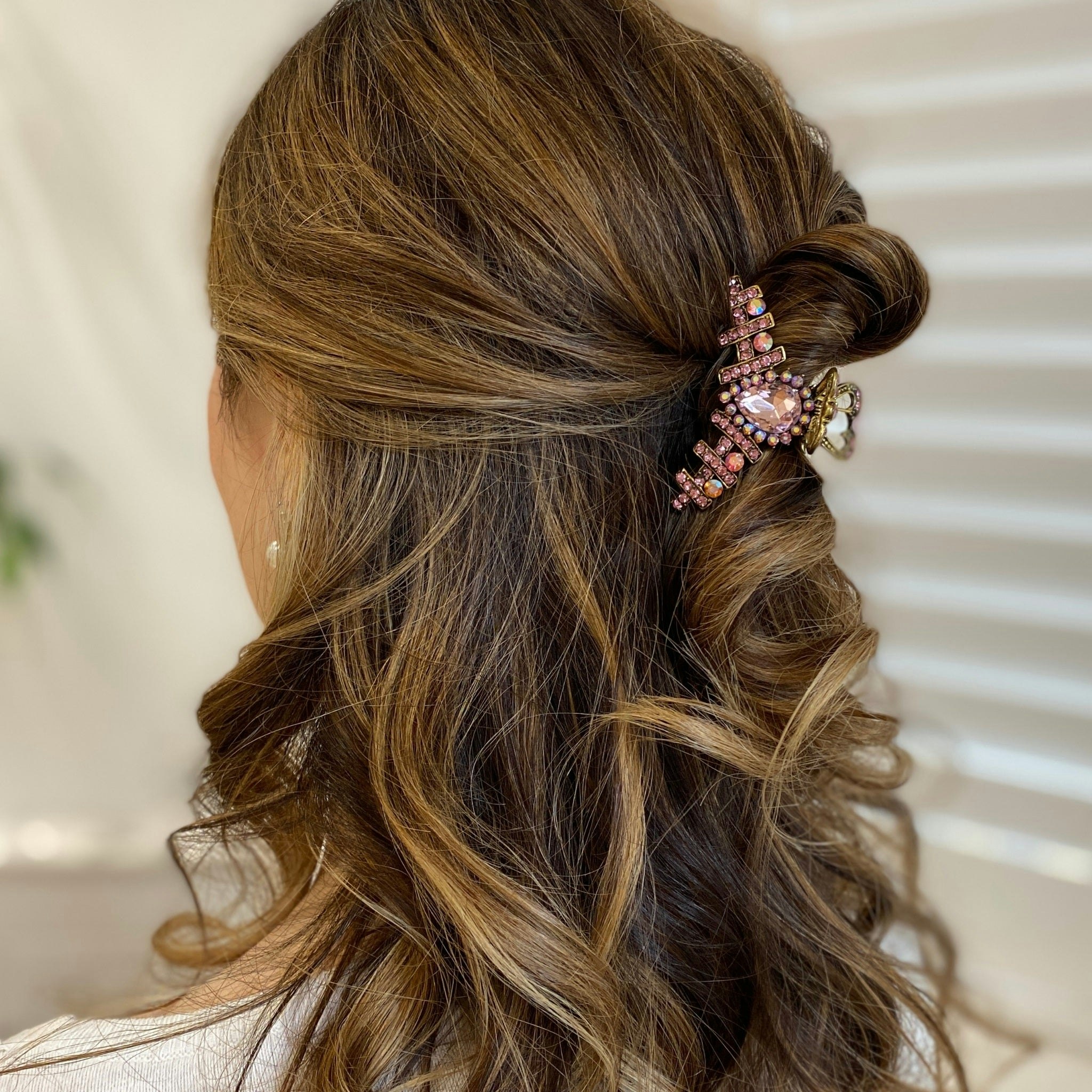 Queenmee Accessories Pink/Gold Hair Clamp In Hair Claw Clip With Crystal