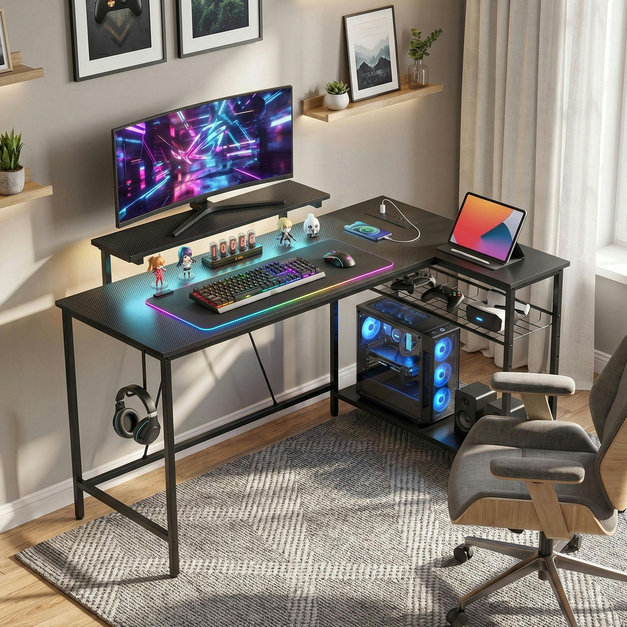 Rackhams Black L Shaped Desk With Led Lights And Storage,
