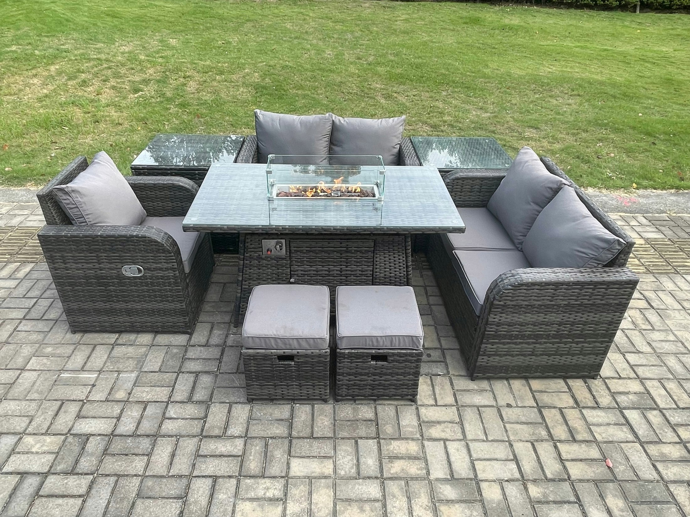 Fimous Dark/Grey Rattan Outdoor Gas Fire Pit Dining Set | Reclining Chair, Sofa, 2 Side Tables, 2 Footstools |