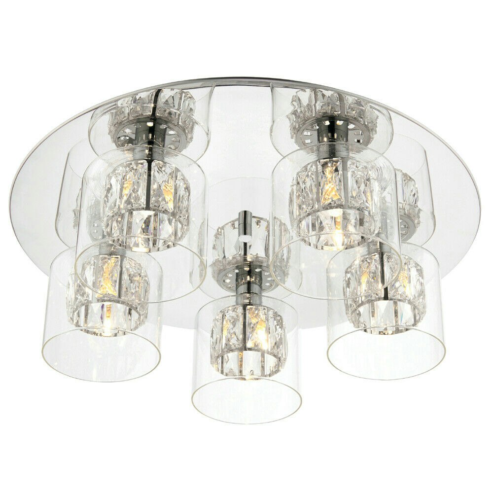 Rackhams Light Flush Ceiling Mount Chrome Crystal Chandelier Round Modern Bulb Pendant Size 5