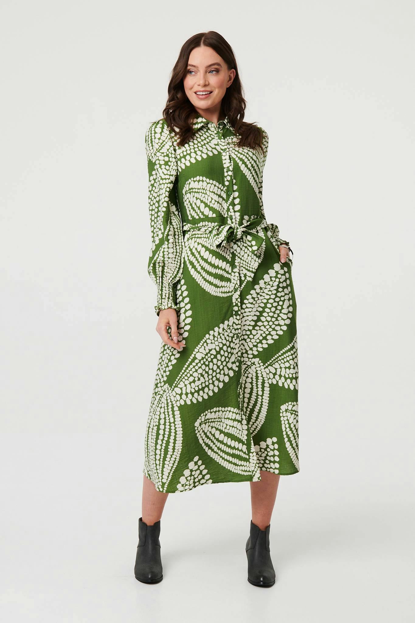 Izabel London Green Printed Balloon Sleeve Midi Shirt Dress - 14