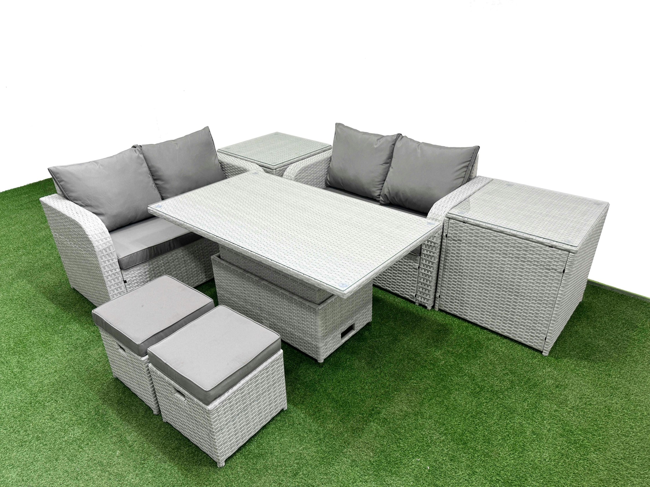 Fimous Light/Grey 6-Seater Outdoor Rattan Love Sofa Set | Adjustable Coffee/Dining Table, 2 Footstools, 2 Side Tables