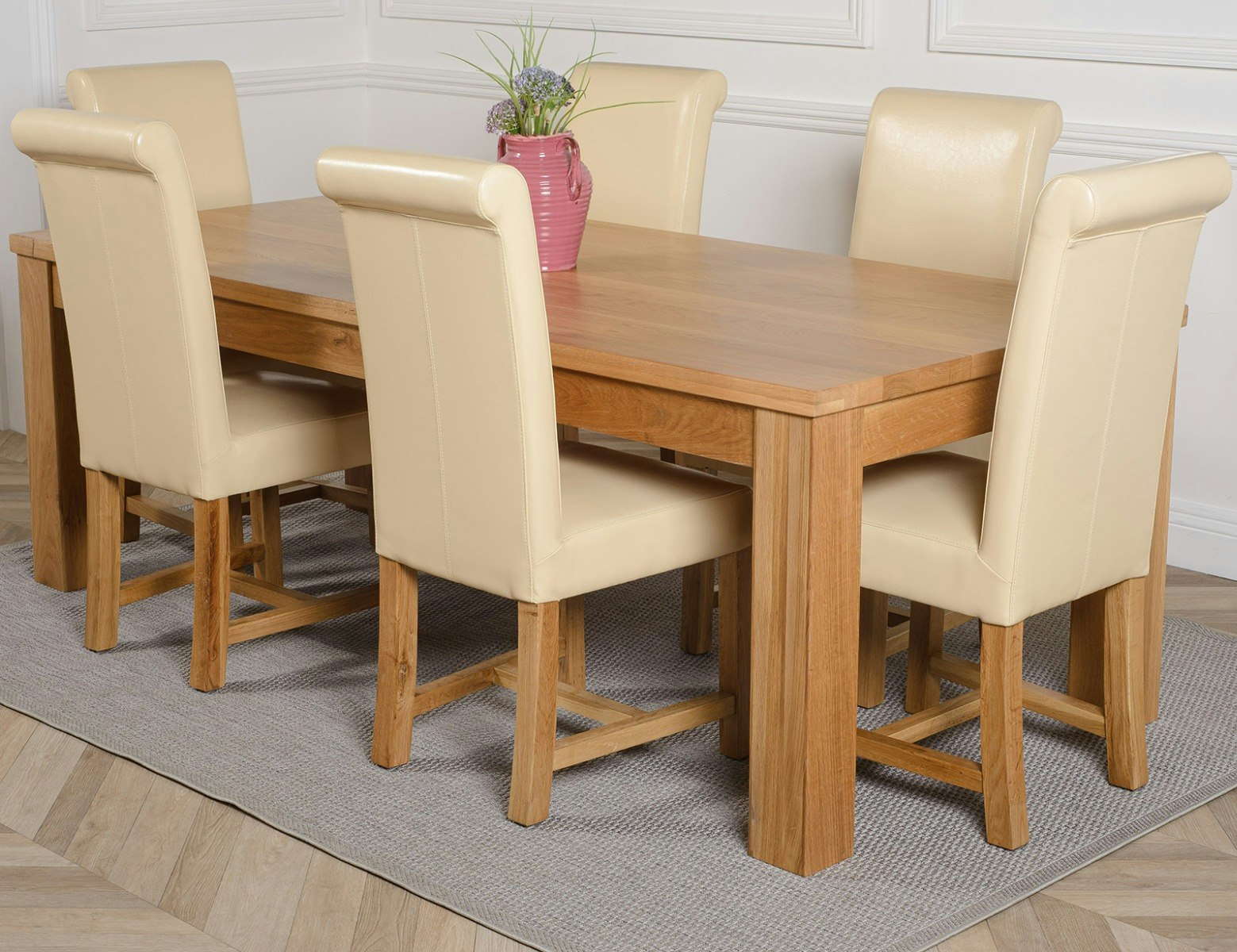 Rackhams Ivory Dakota Extra Large Oak Dining Table With Washington Leather Chairs - 6 Chairs