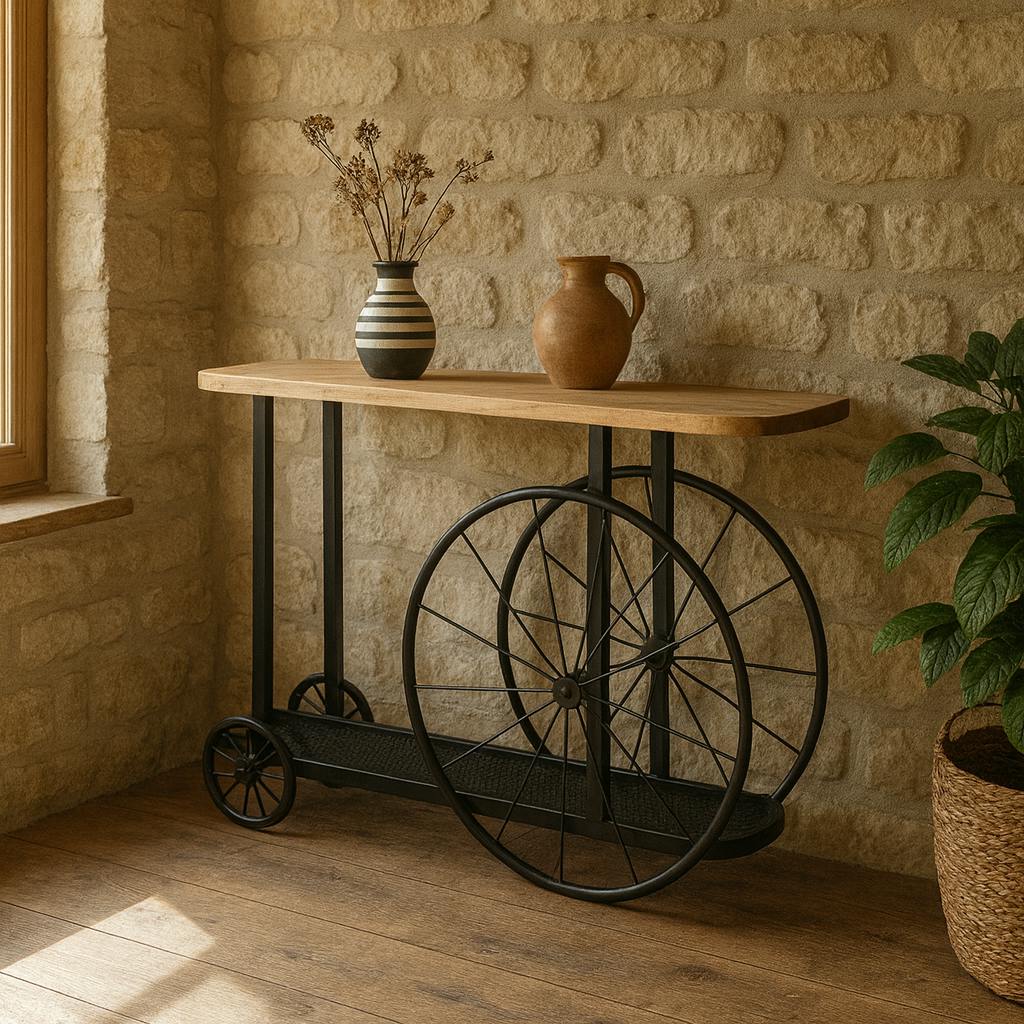 Wyld Haus Black Shanghai Industrial Oak And Modern Wheel Console Table