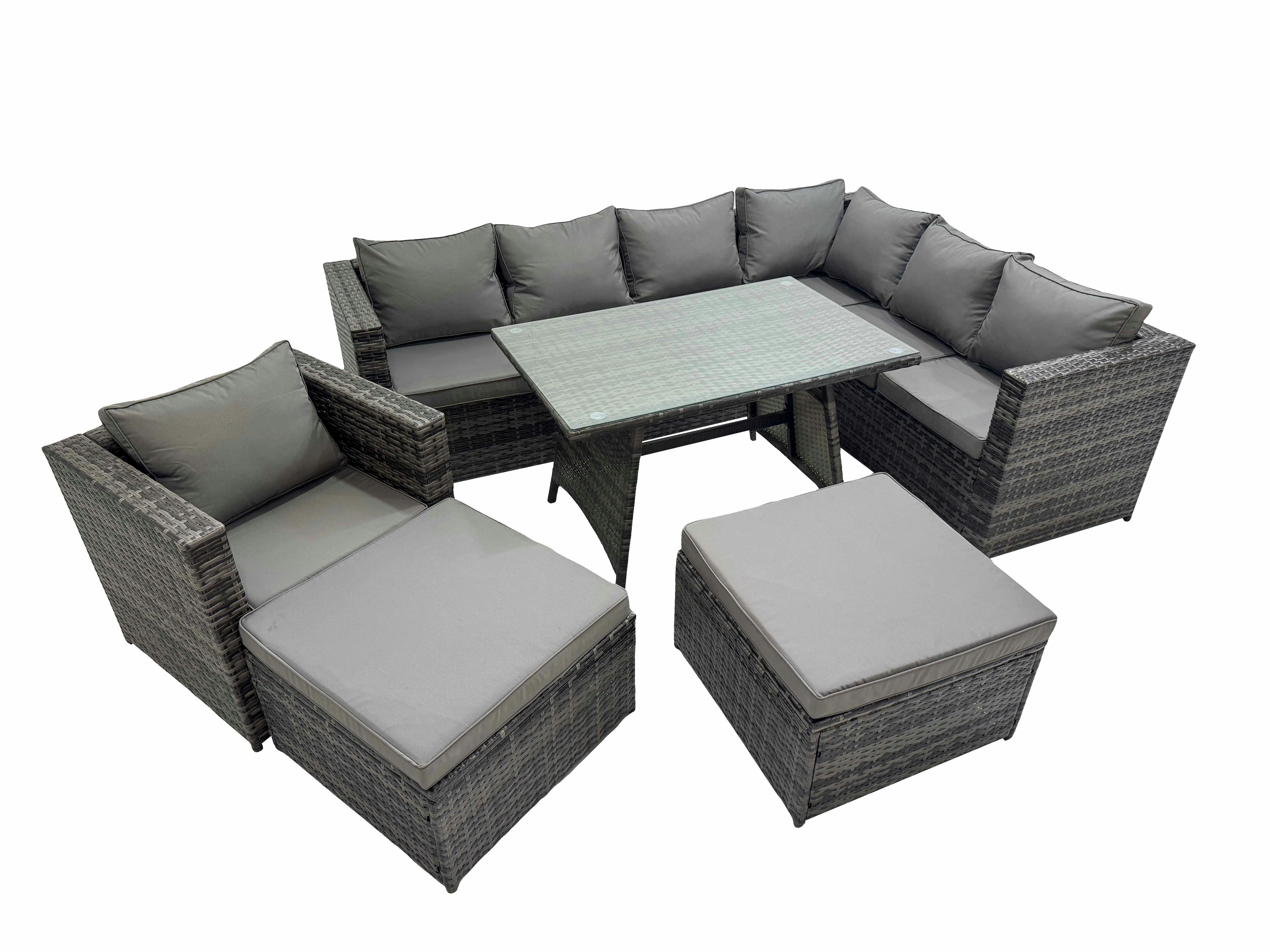 Rackhams Dark/Grey Rattan Garden Furniture Patio Furniture Sets With Dining Table Chair 2 Big Stools Mixed