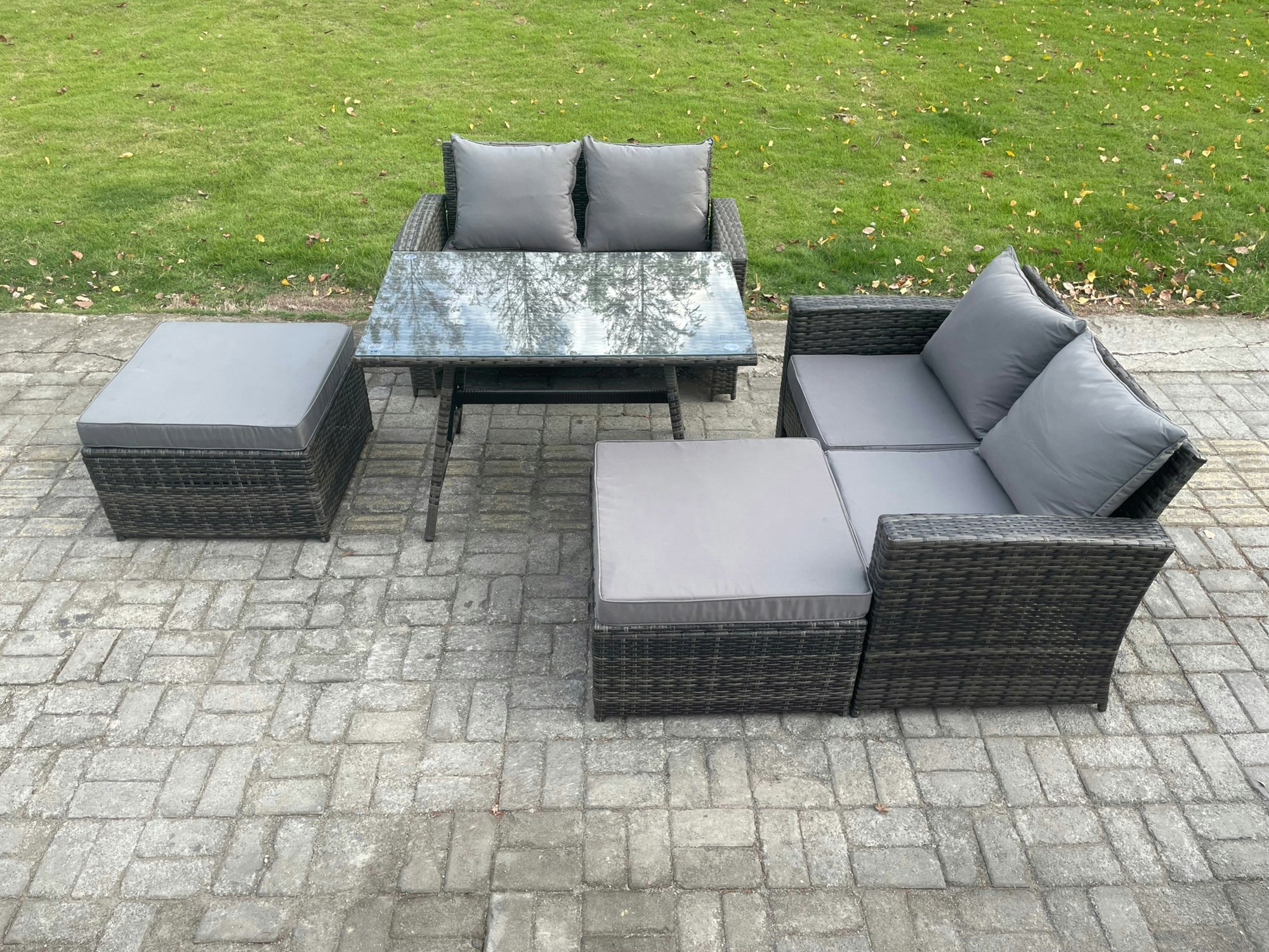 Rackhams Dark/Grey 6-Seater Rattan Outdoor Dining Set | Rectangular Table, Double Sofa, 2 Footstools Large