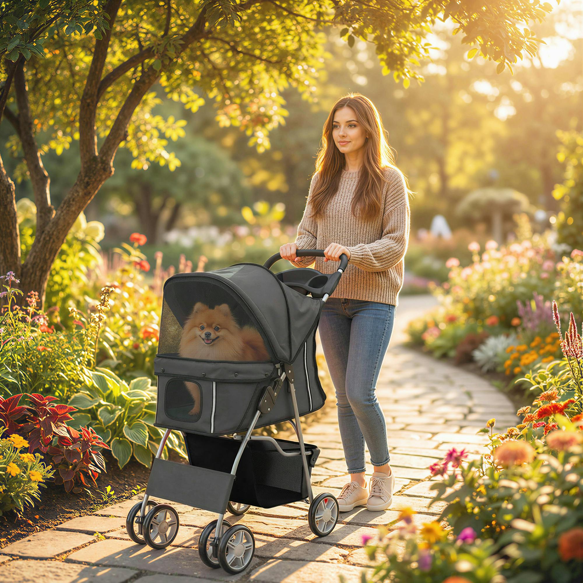 Pawhut Dark/Grey Pet Stroller Carrier Foldable Deluxe Walk Travel Dog - 77 X 44 X 102 Cm - Pet Stroller