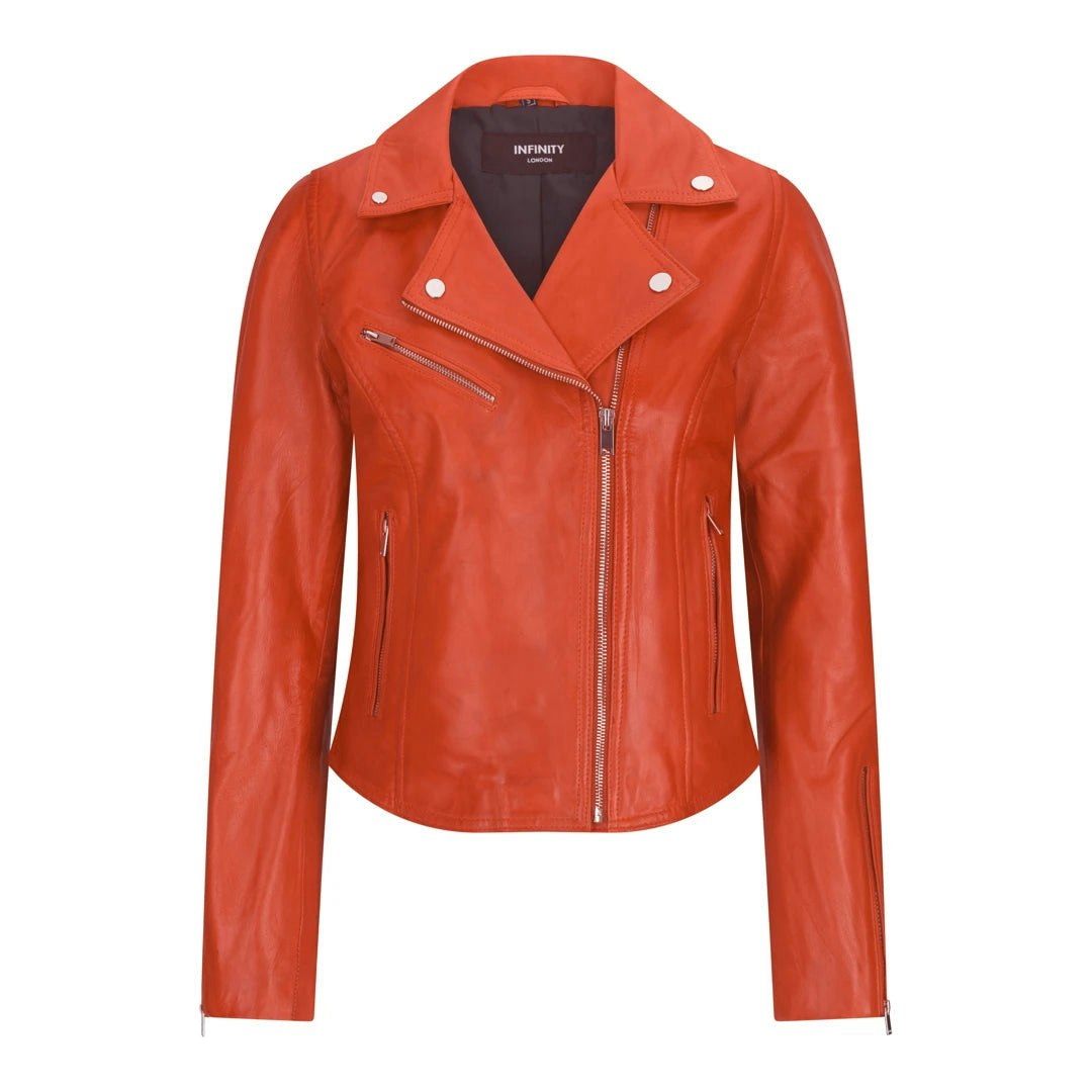 Truclothing Women's Brown/Black/Red Leather Biker Jacket Cross Zip Tan Yellow - Orange - Uk 18