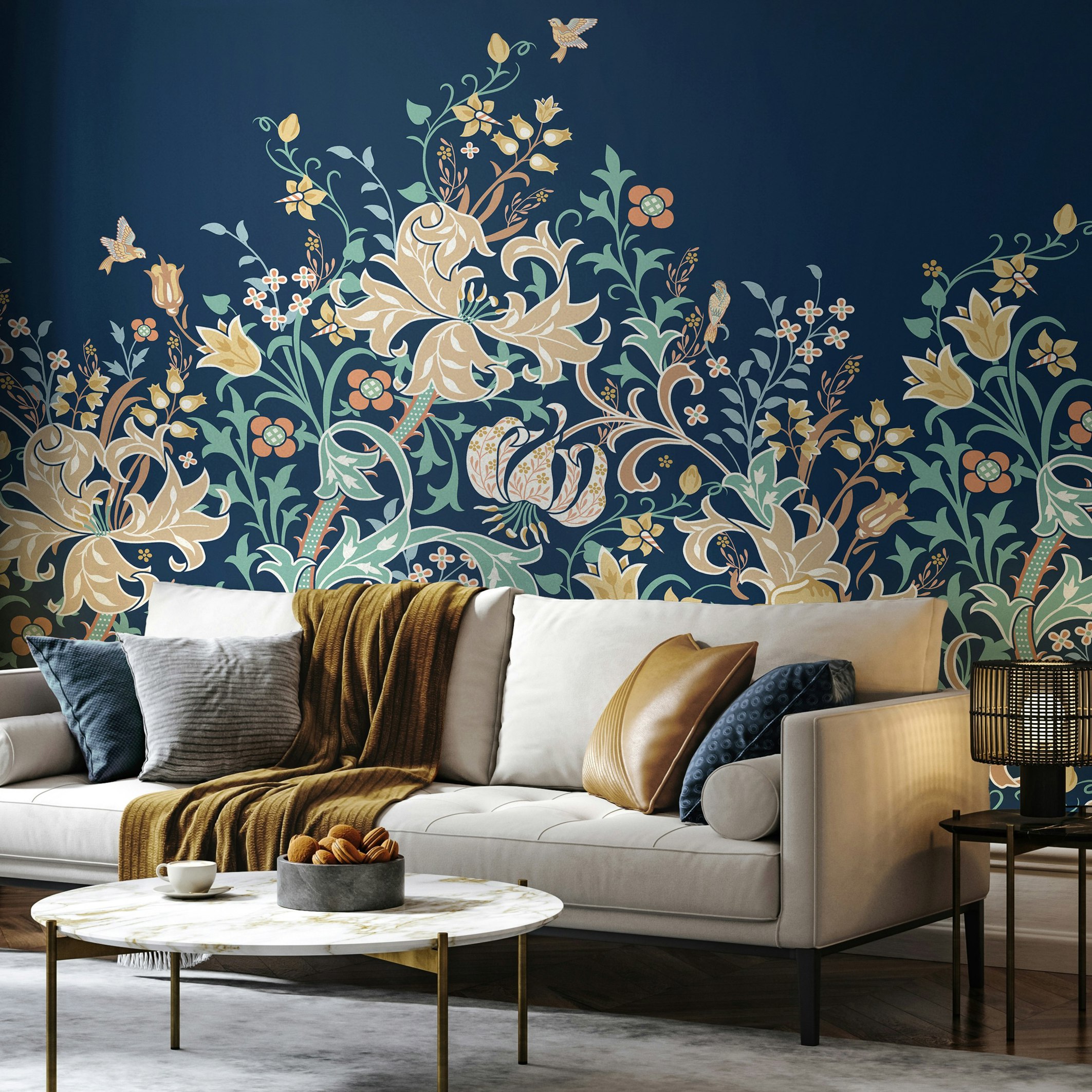 Rackhams Blue Trailing Lily - Navy - Large - W350cm X H280cm