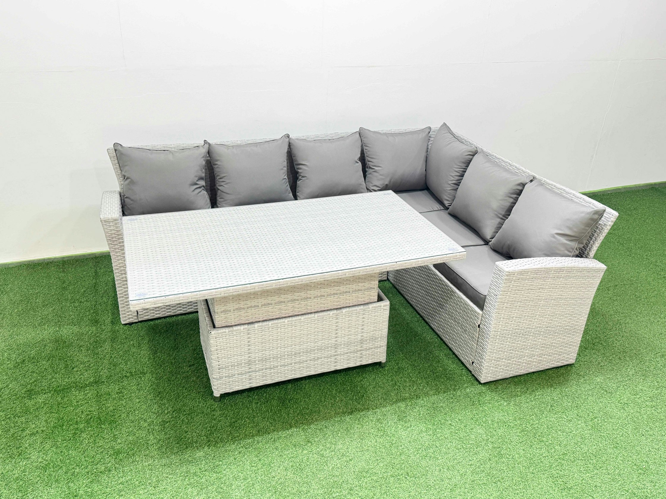 Fimous Light/Grey 6 Seat Rattan Garden Furniture Corner Sofa Set Outdoor Adjustable Lifting Dining Or Coffee Table Set